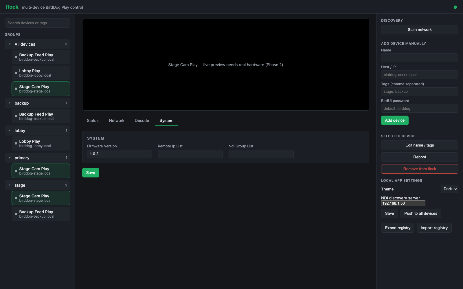 flock System tab showing firmware version and Access Manager fields