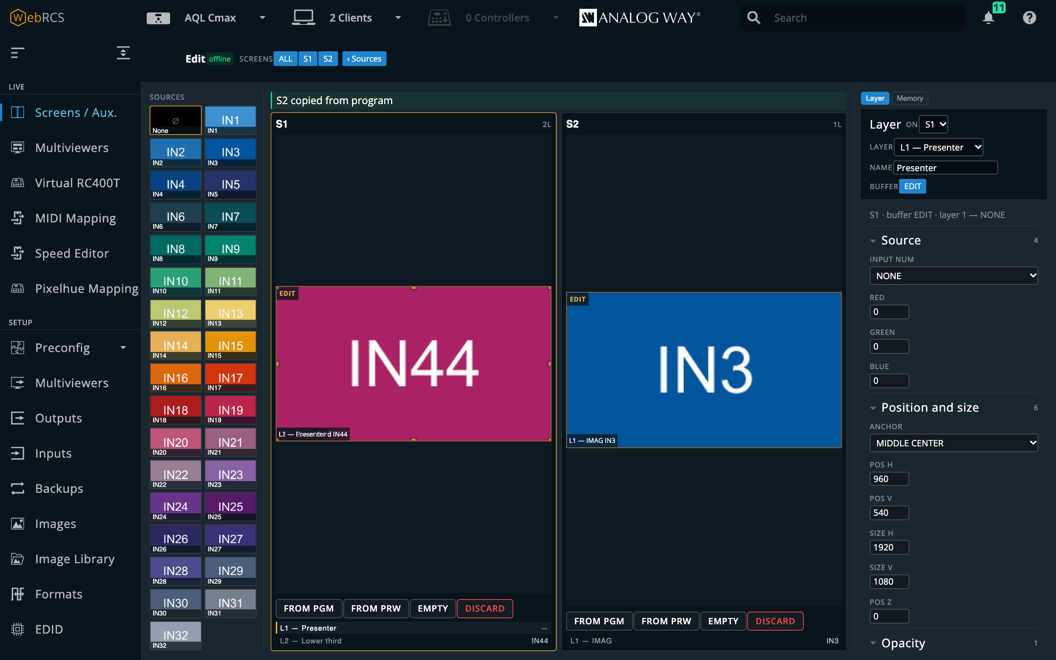 The Edit page: both screens seeded from program, S1's layer selected on the stage and its parameters in the Layer panel on the right