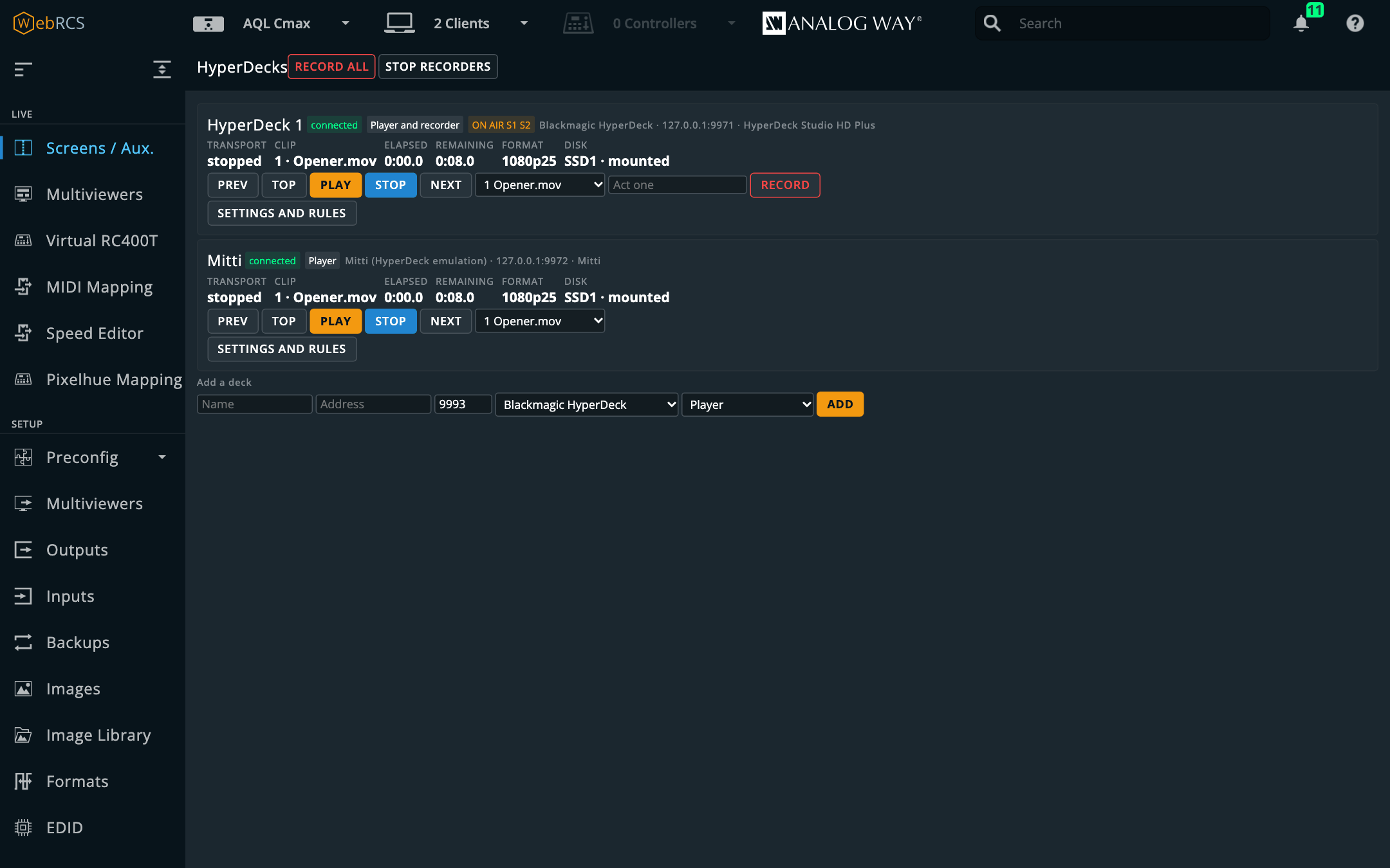 Two decks on the HyperDecks page: a HyperDeck as player and recorder, and Mitti as a player, each with transport, clip and settings