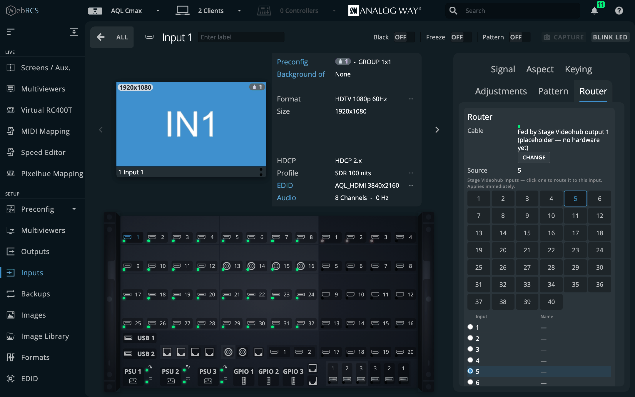 Inputs ▸ Input 1 ▸ Router: the cable from Stage Videohub output 1, and the router's 40 inputs as tiles and as a list, input 5 selected