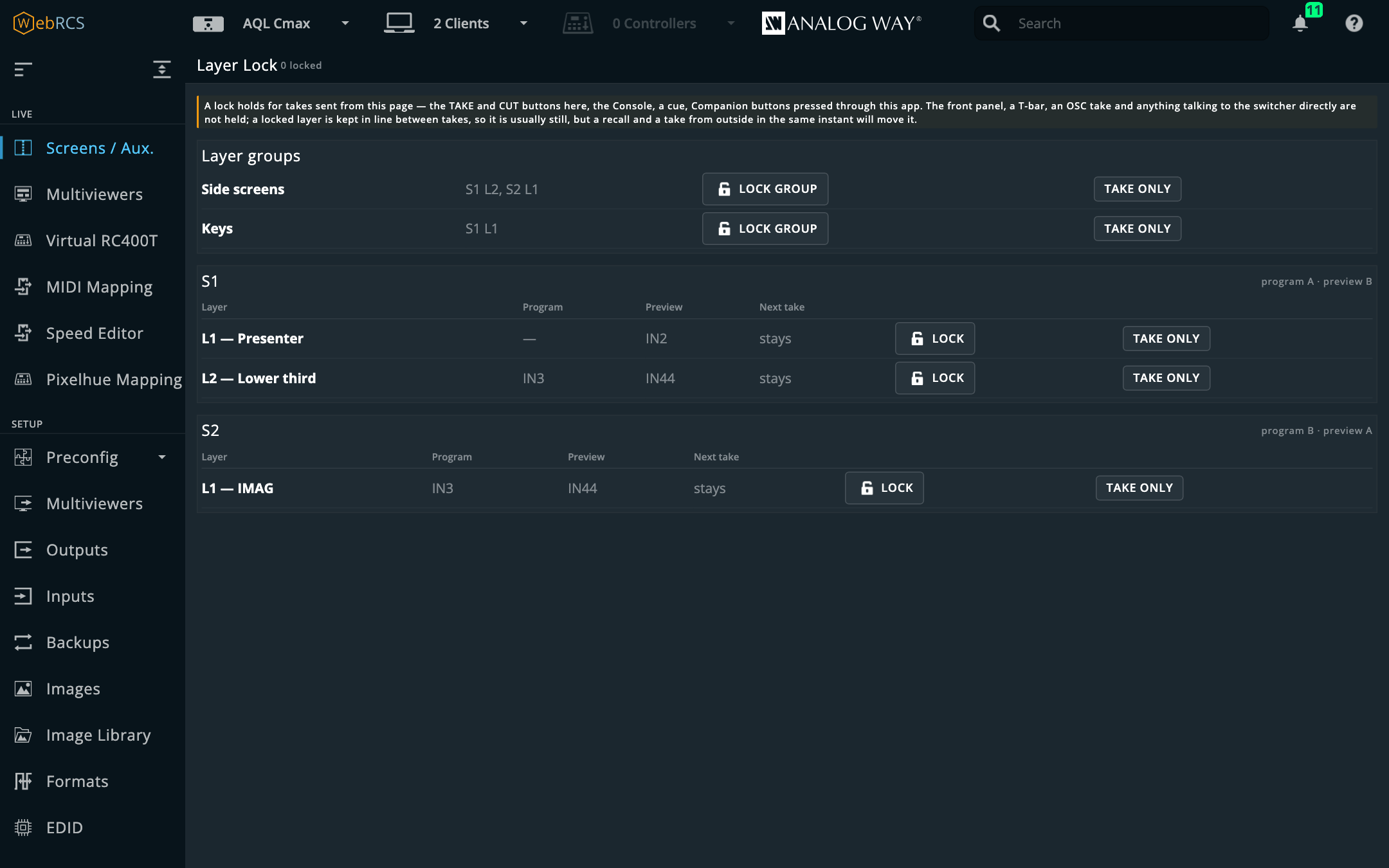 Layer Lock: the two layer groups with Lock group and Take only, then each screen's layers with program, preview, what the next take will do, Lock and Take only