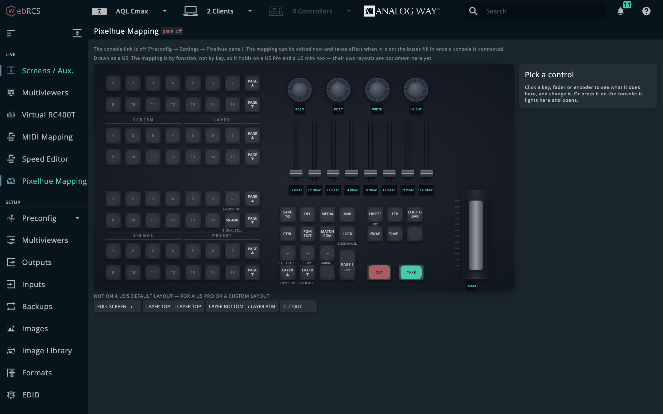Pixelhue Mapping: a U5 drawn as a Virtual RC400T, with its source and preset buses, function keys, faders, encoders and T-bar, and the "Pick a control" panel beside it
