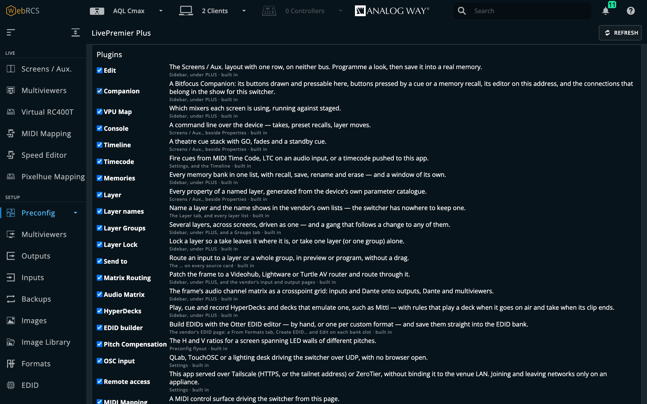 Preconfig ▸ LivePremier Plus → Plugins: every feature listed with a switch, what it does and where it lives