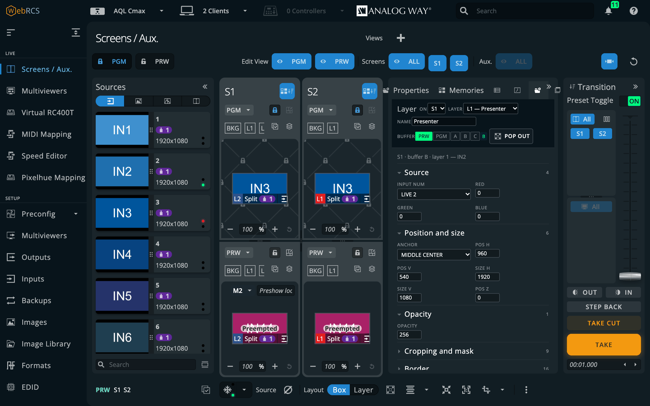 The Layer tab: S1, layer 1, named "Presenter", its PRW buffer resolved, source, position and size, and opacity