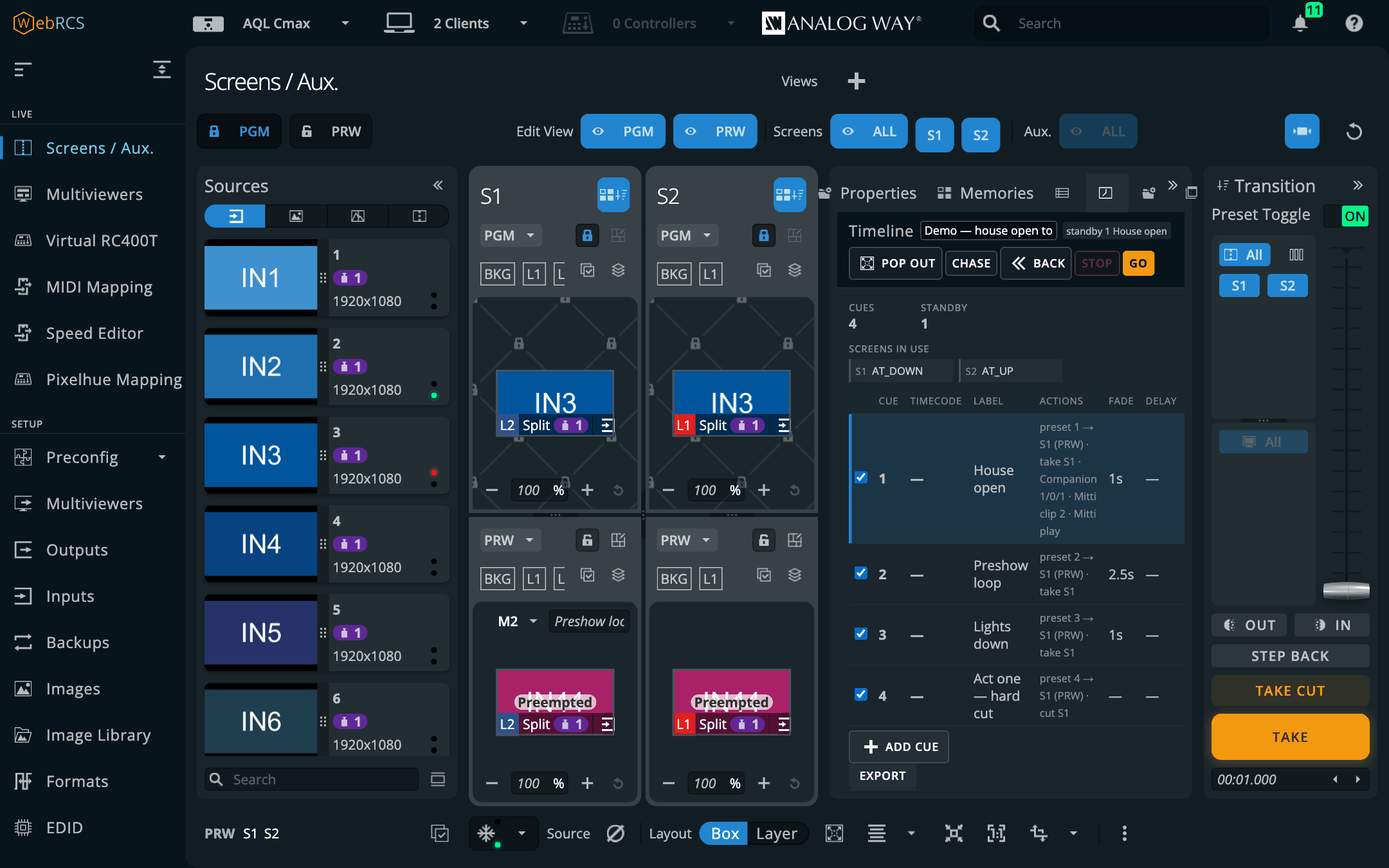 Screens / Aux. with the Timeline tab open beside Properties and Memories: the demo cue stack, its standby cue and GO, inside the vendor's own page