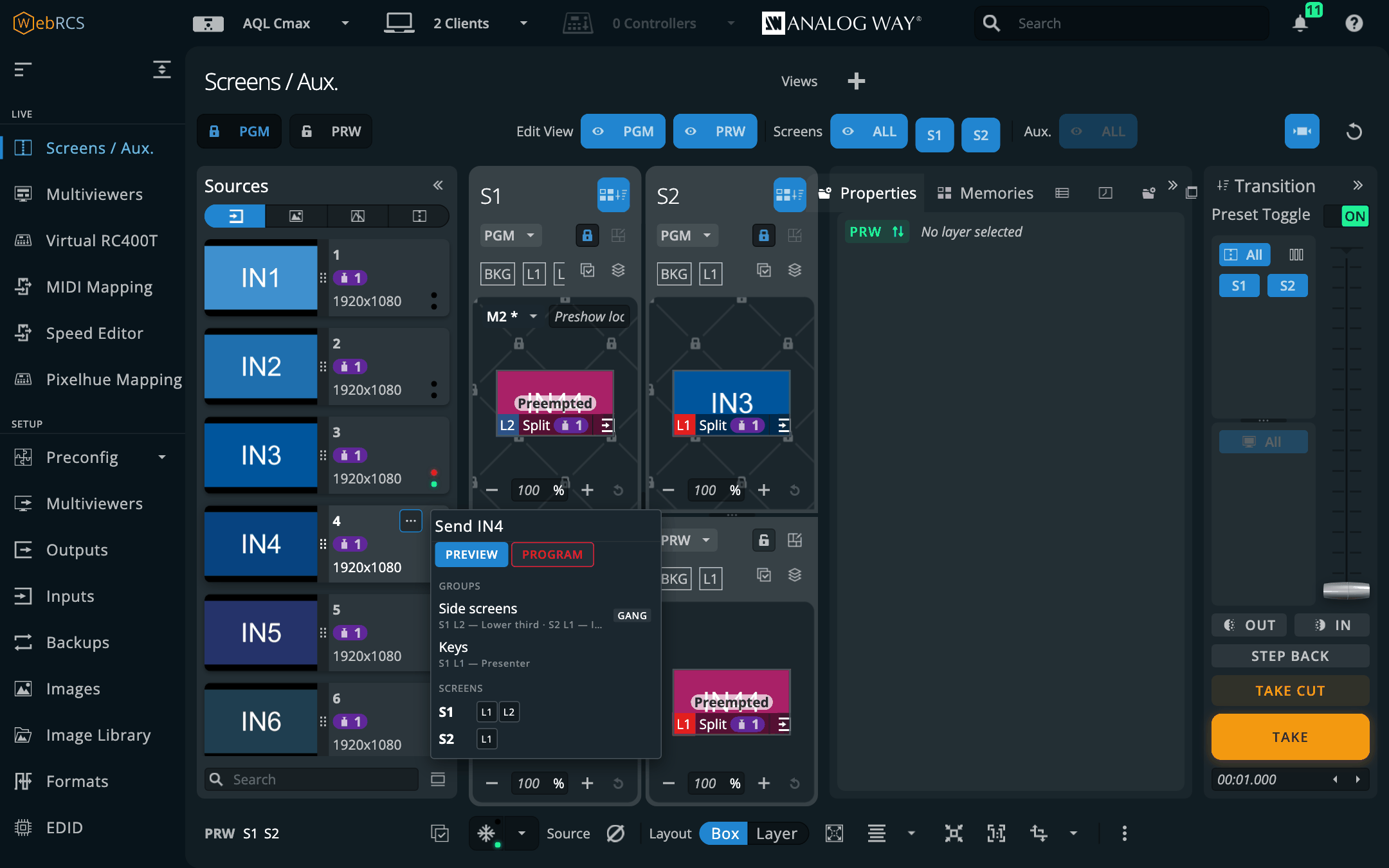 The … menu on IN4's source card: Send IN4, Preview or Program, the two groups, and each screen's fitted layers
