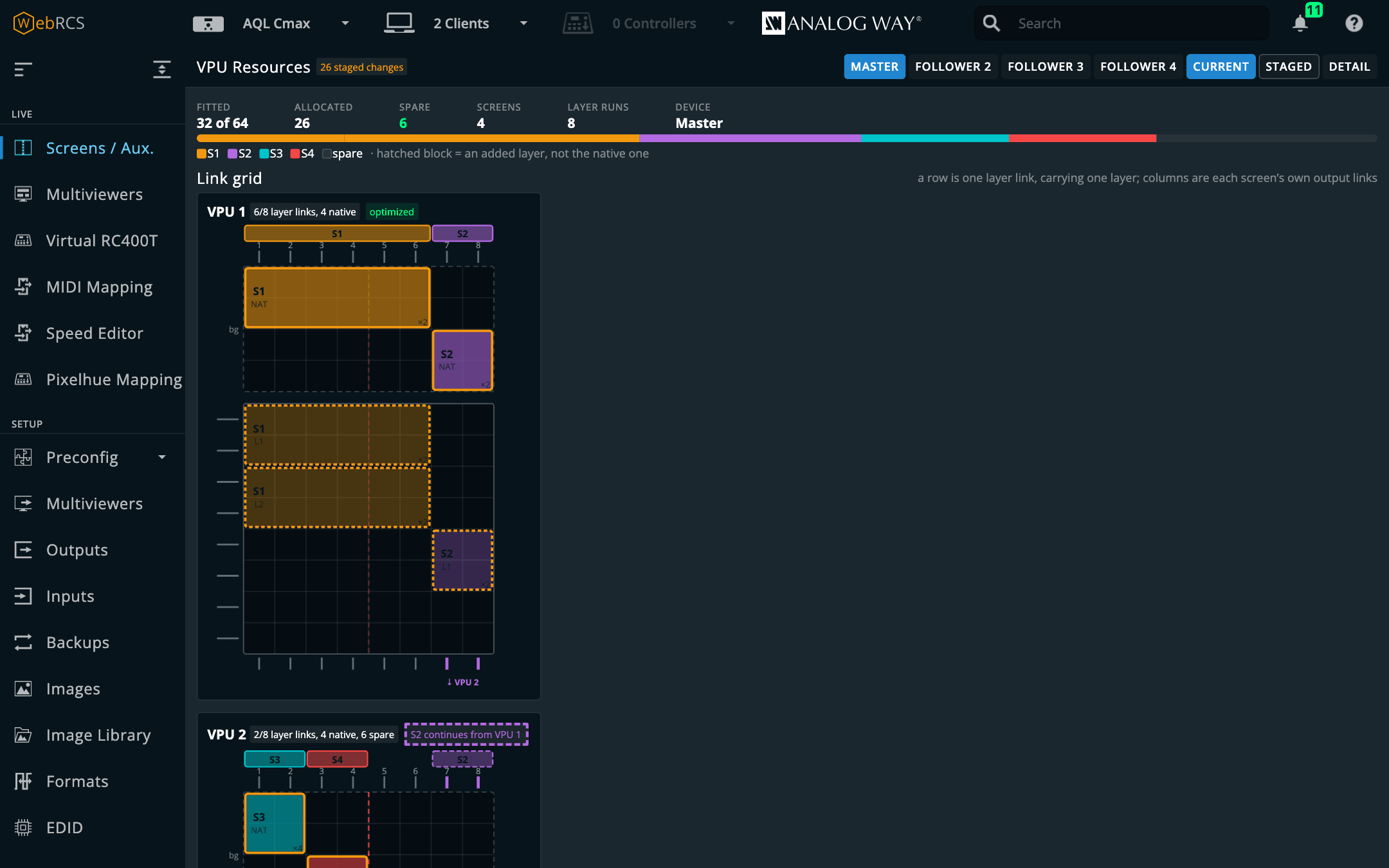 PLUS ▸ VPU Map in the demo: 32 of 64 mixers fitted, 26 allocated, S1 in Optimized mode, and 26 staged changes waiting in Preconfig