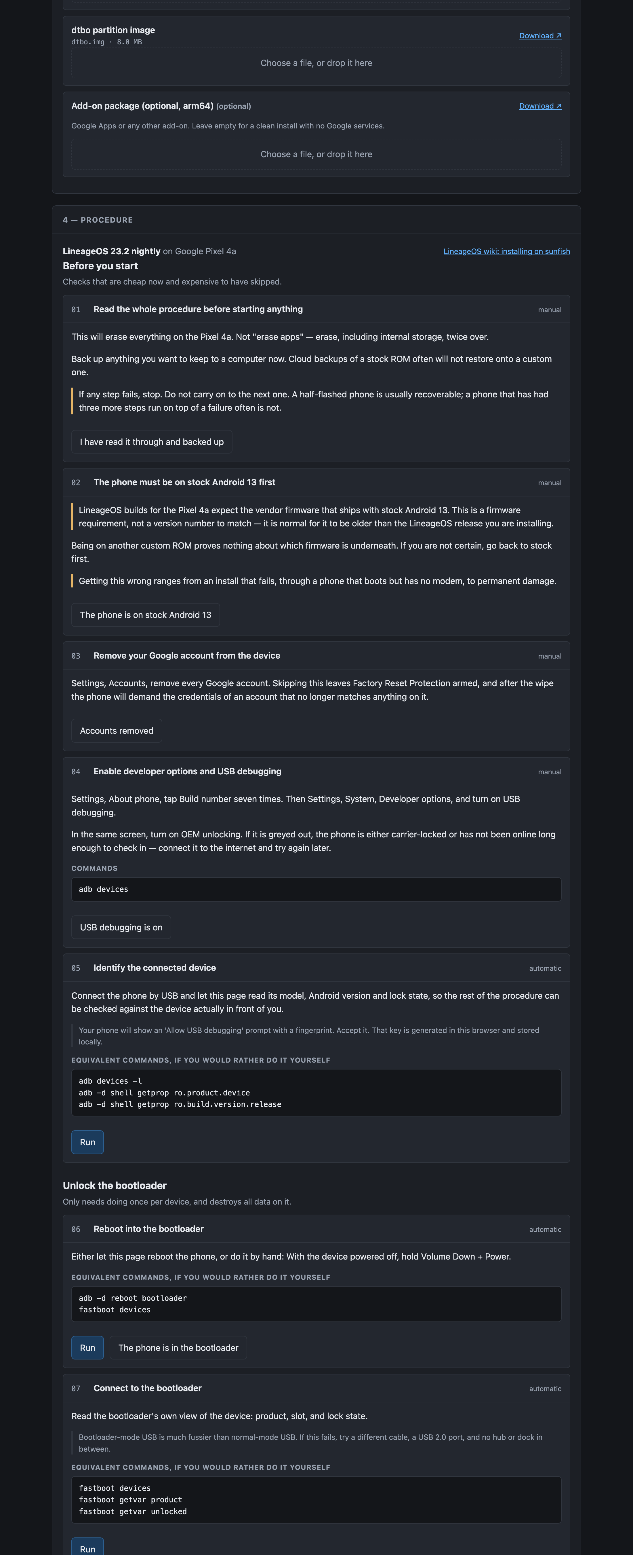 The generated procedure for a Pixel 4a, with manual and automatic steps and their equivalent commands