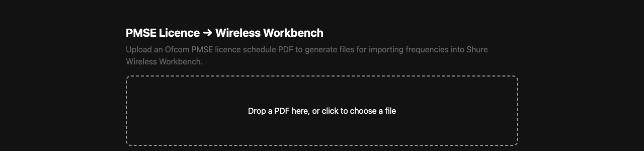 PMSE Licence to Wireless Workbench upload page