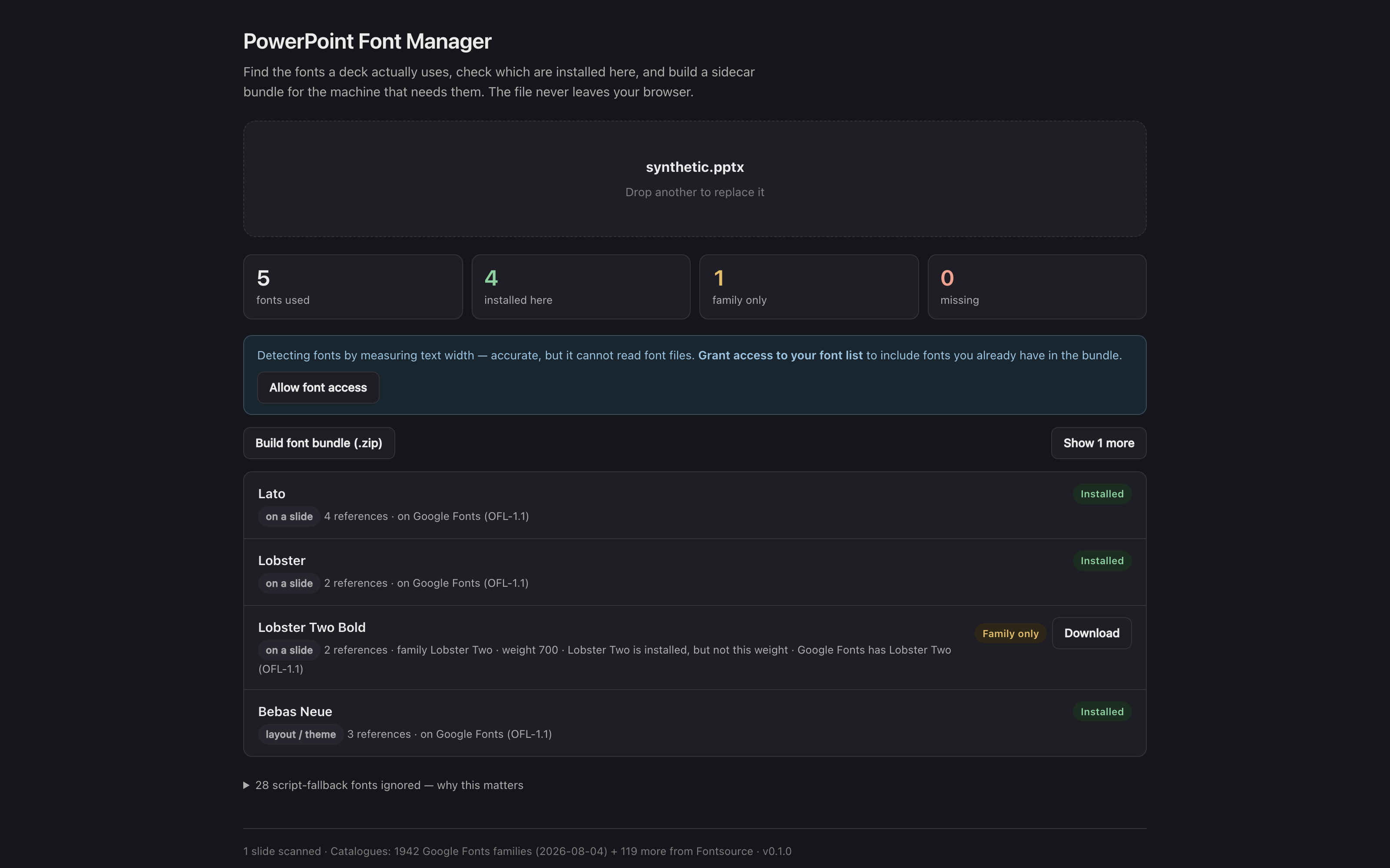 The hosted tool with the repo's synthetic test deck loaded: five fonts found and their install state on this machine