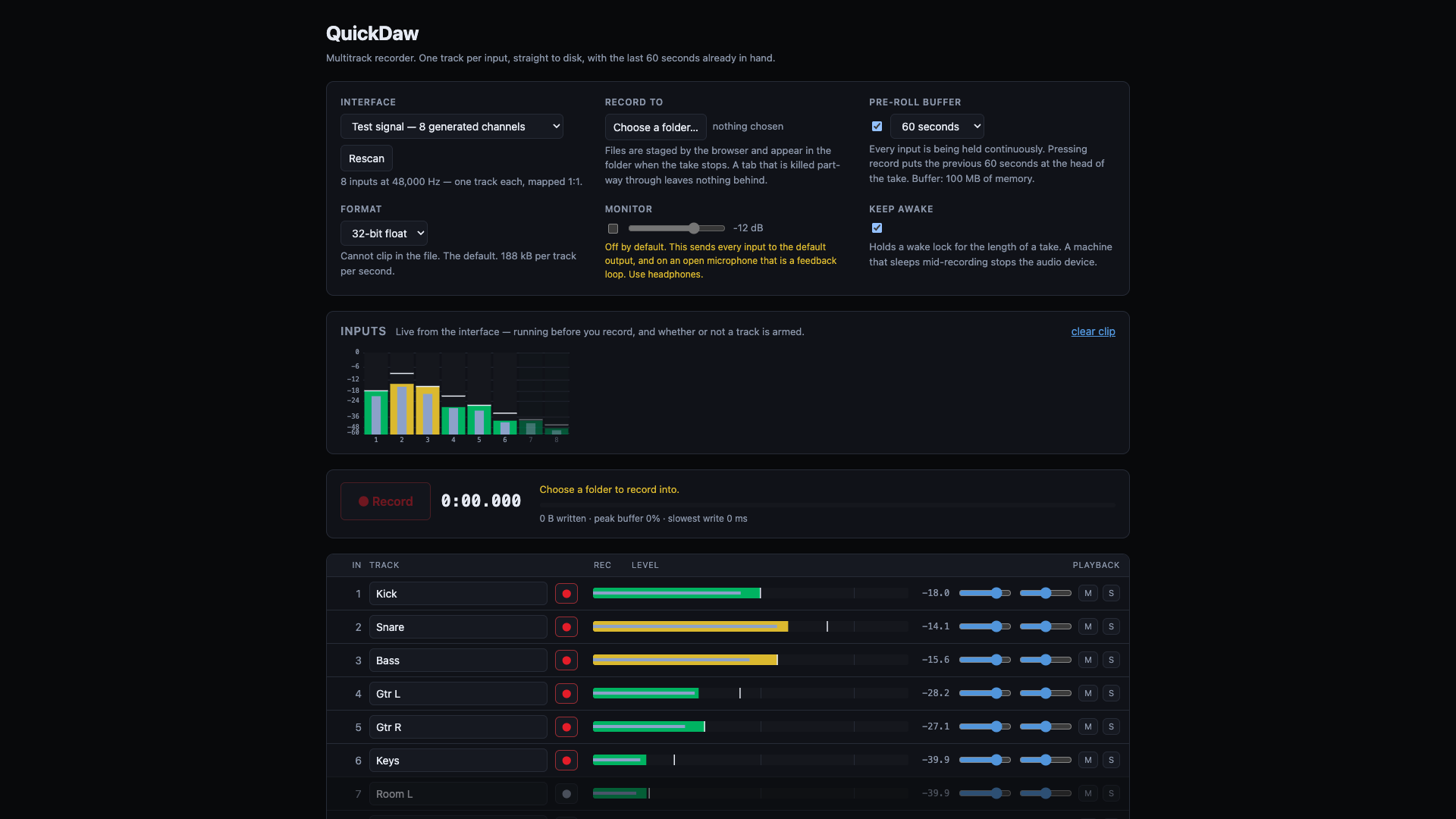 QuickDaw recording eight inputs from its own generated test signal — the meter bridge
across the top, one named track per input below, and a 60-second pre-roll buffer
armed