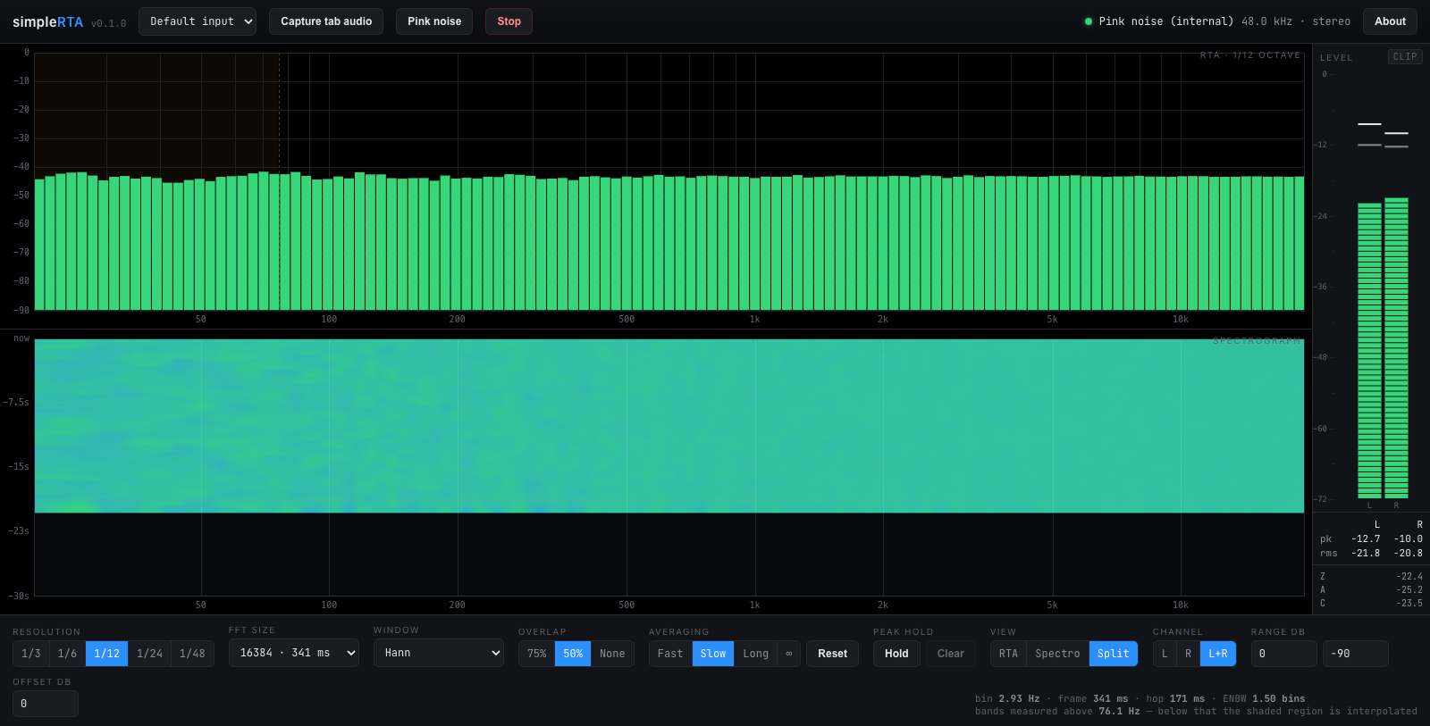 simpleRTA — the RTA over the spectrograph, sharing a frequency axis, with the
level meter down the right-hand side