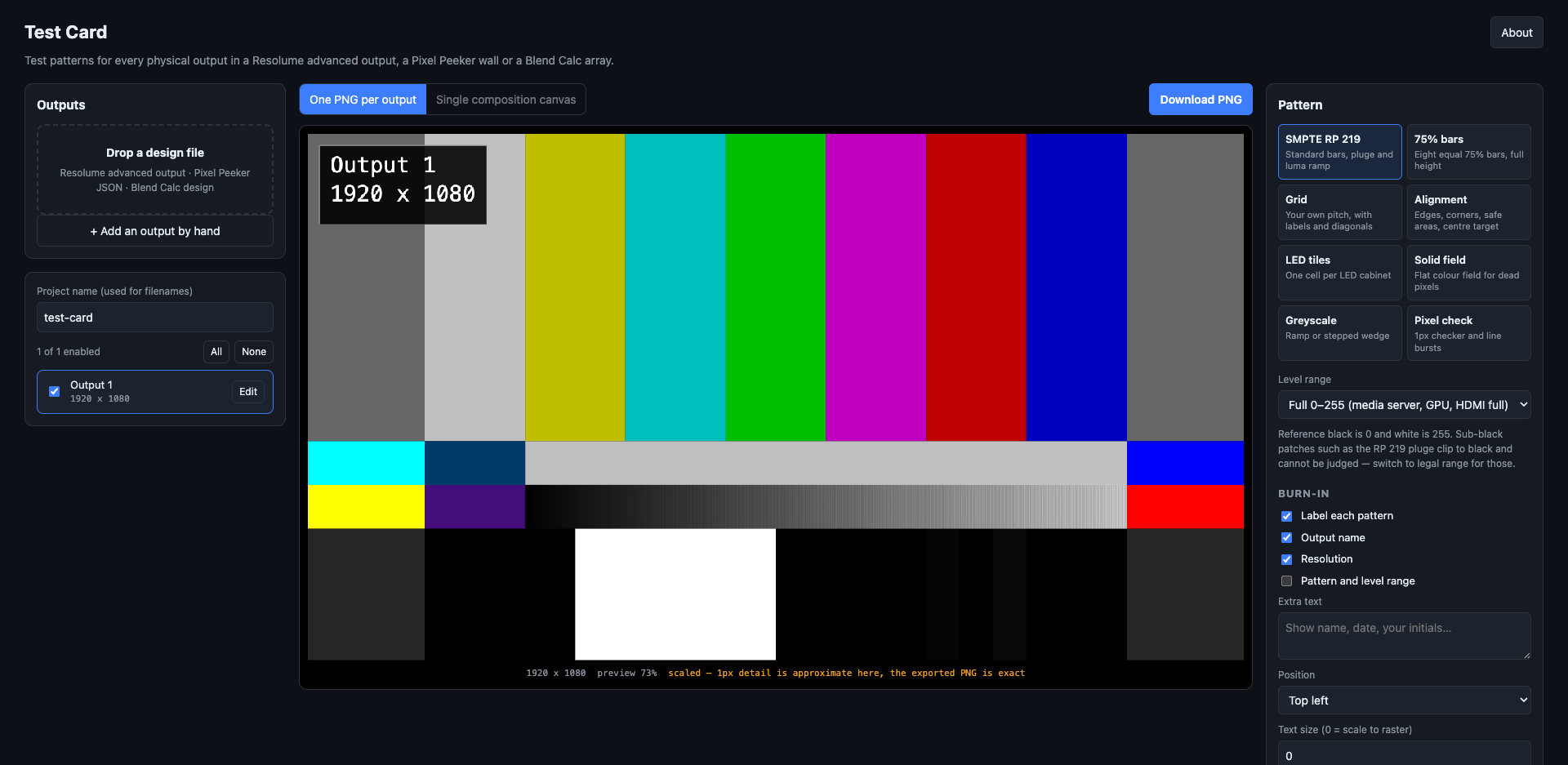 Test Card with one 1920 × 1080 output: SMPTE RP 219 bars with the output name and resolution burnt in