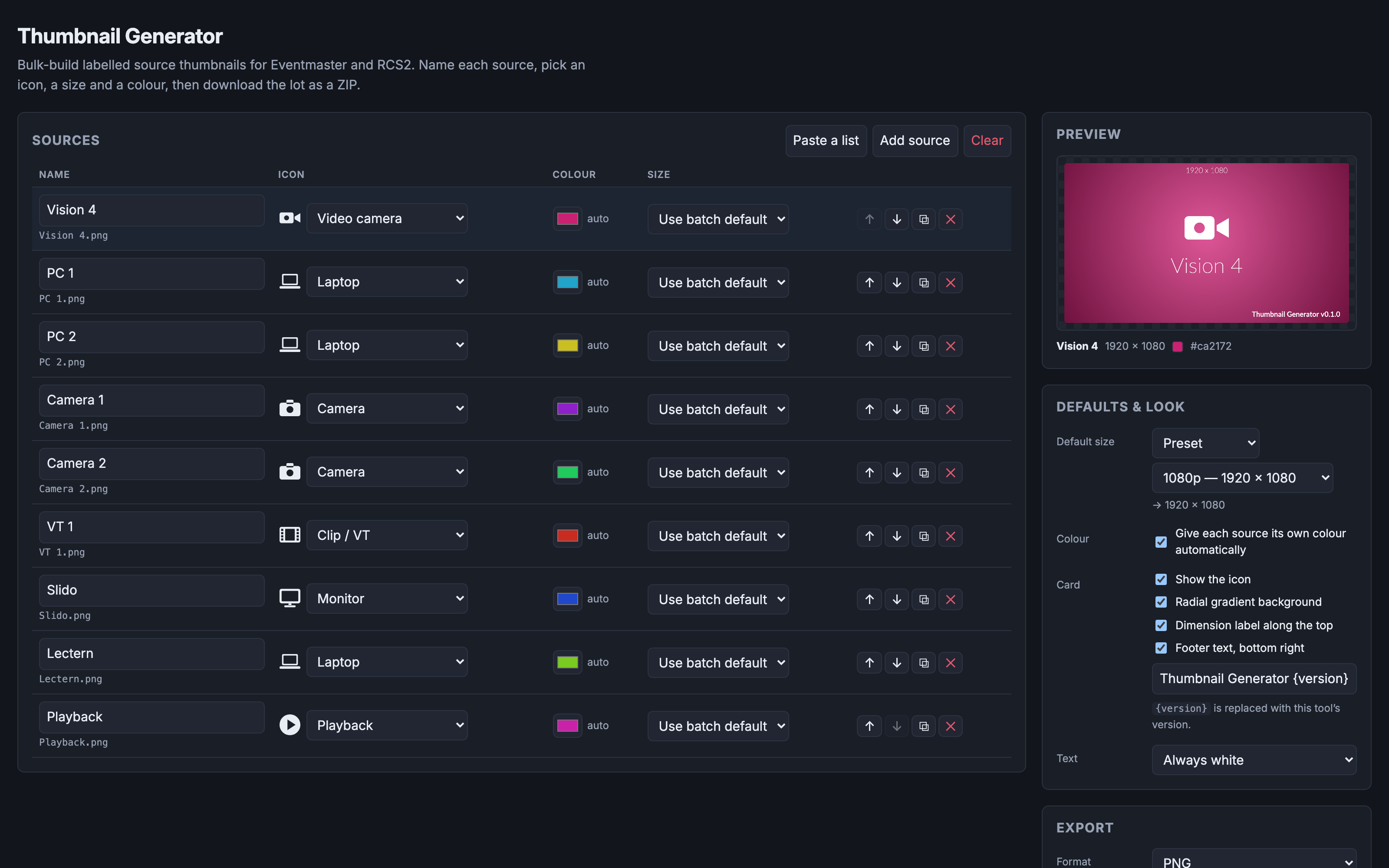 Thumbnail Generator with nine sources named and typed, each given its own colour, and one card previewed