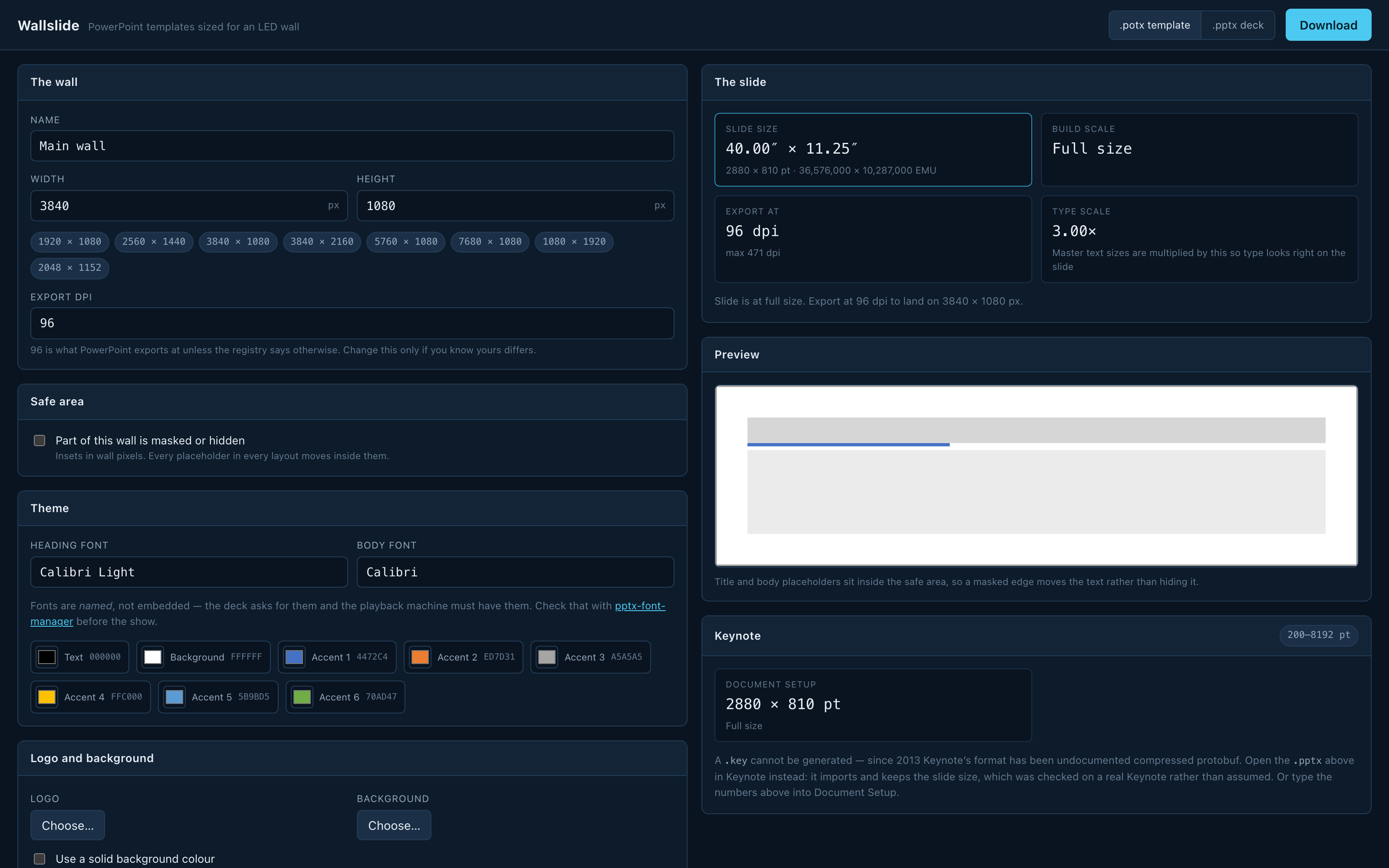 Wallslide with a 3840 × 1080 wall entered and the slide size, type scale and Keynote setup it produces