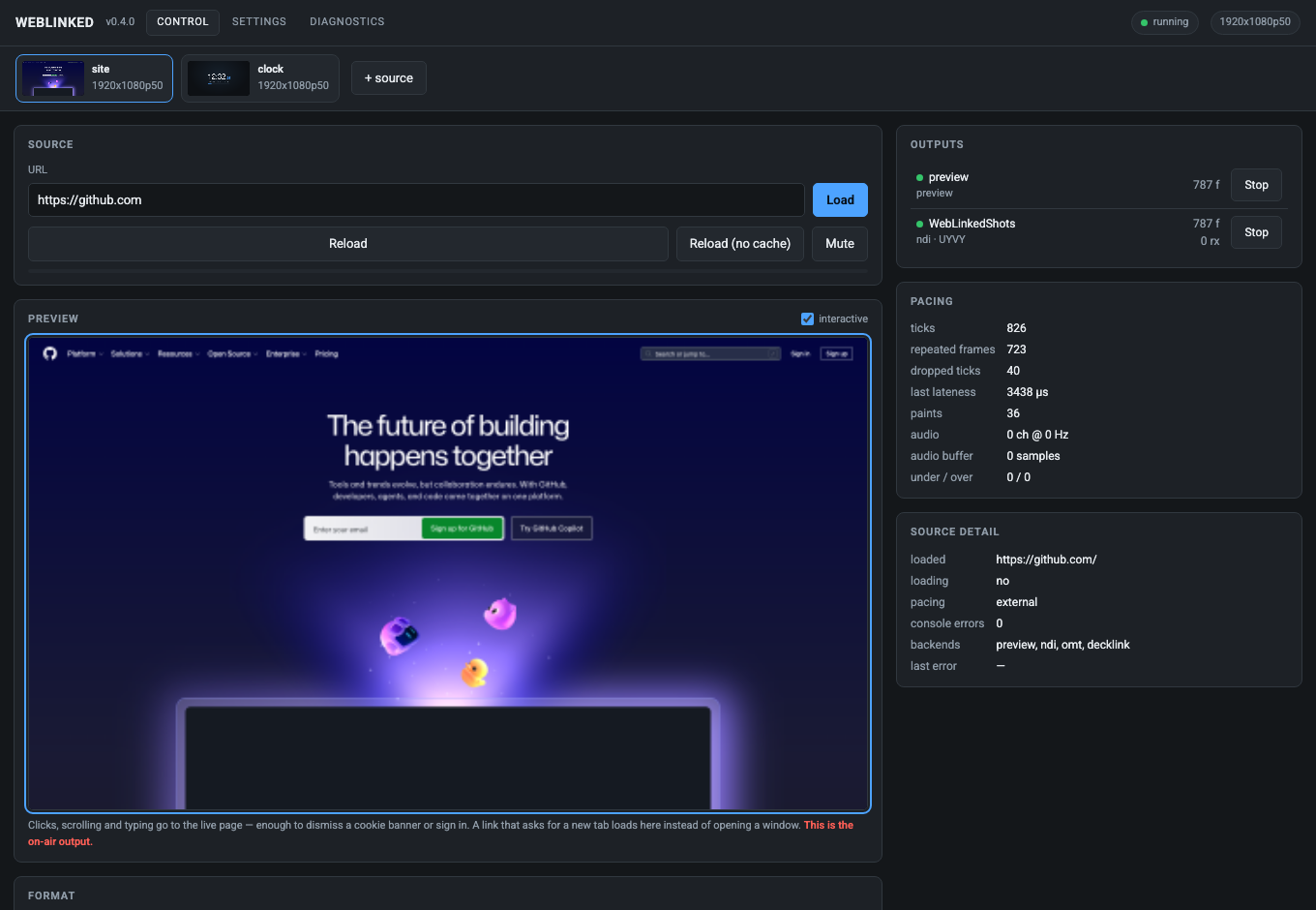 The WebLinked control page, rendering github.com to NDI at 1080p50