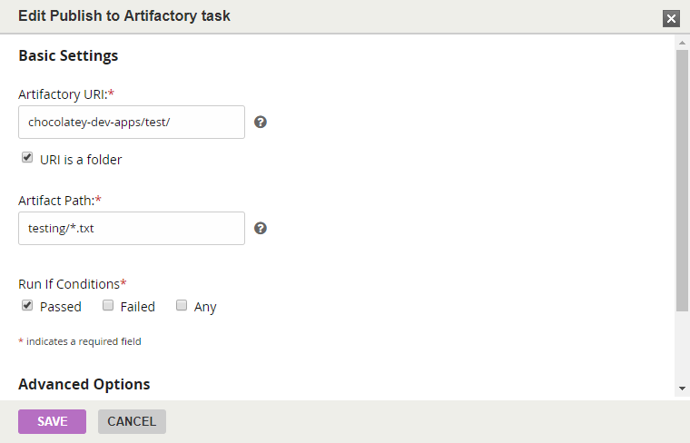 The Publish to Artifactory configuration task