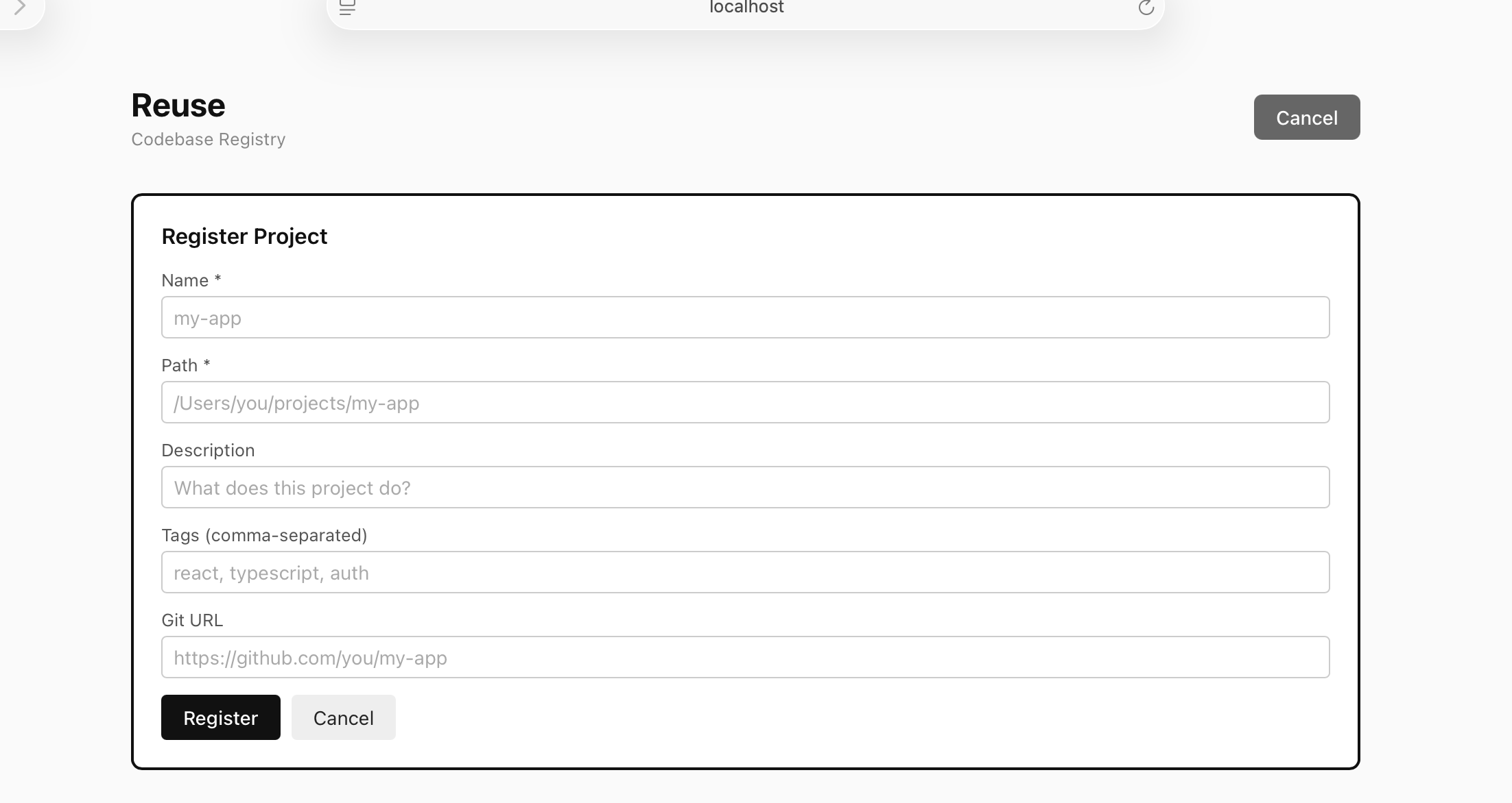 Web form for registering a project with name, path, description, tags, and git URL
