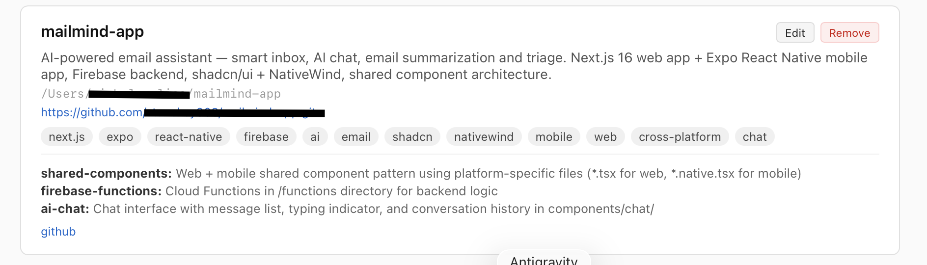 Project detail card showing metadata, technology tags, reusable patterns, and external links