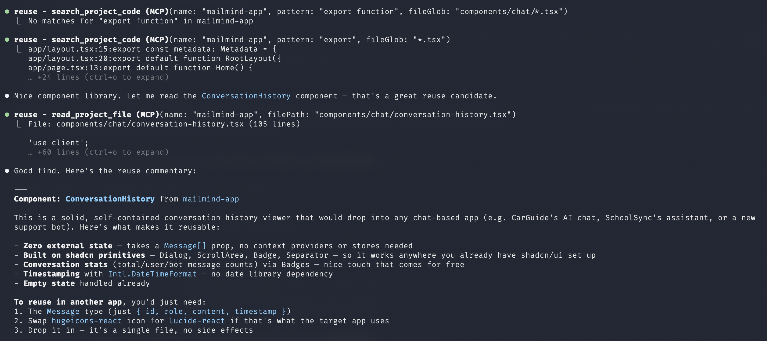 AI searching project code, reading a component, and providing reuse analysis with adaptation steps