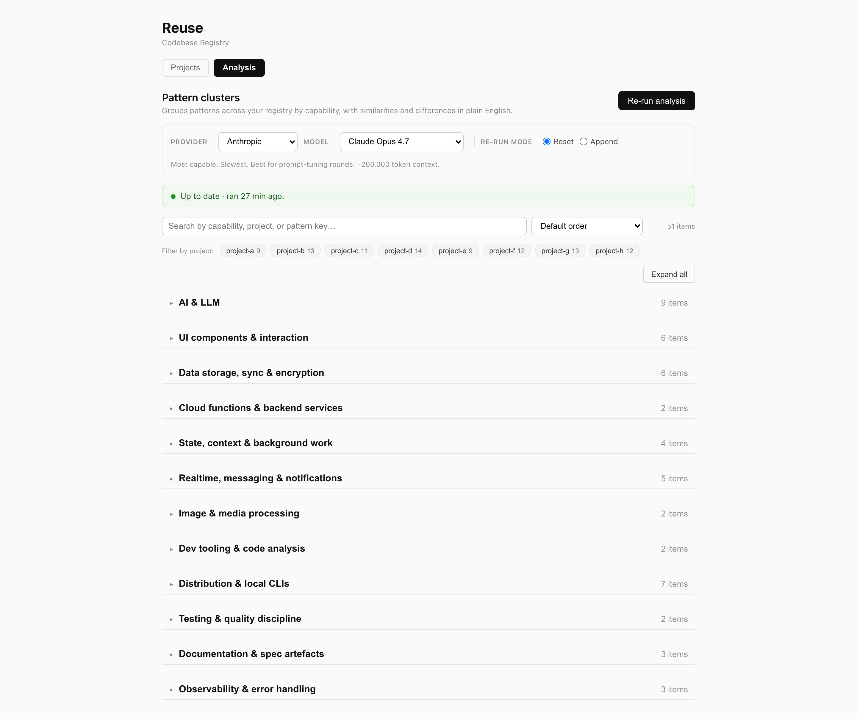 Analysis tab showing 12 collapsible theme sections (AI & LLM, UI components, Data storage, Cloud functions, State & background, Realtime & messaging, Image & media, Dev tooling, Distribution & CLI, Testing, Documentation, Observability) with item counts and an Expand all toggle.