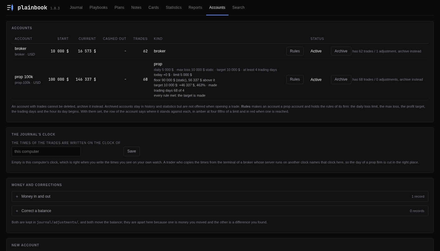 The Accounts tab: accounts, the journal's clock, money in and out