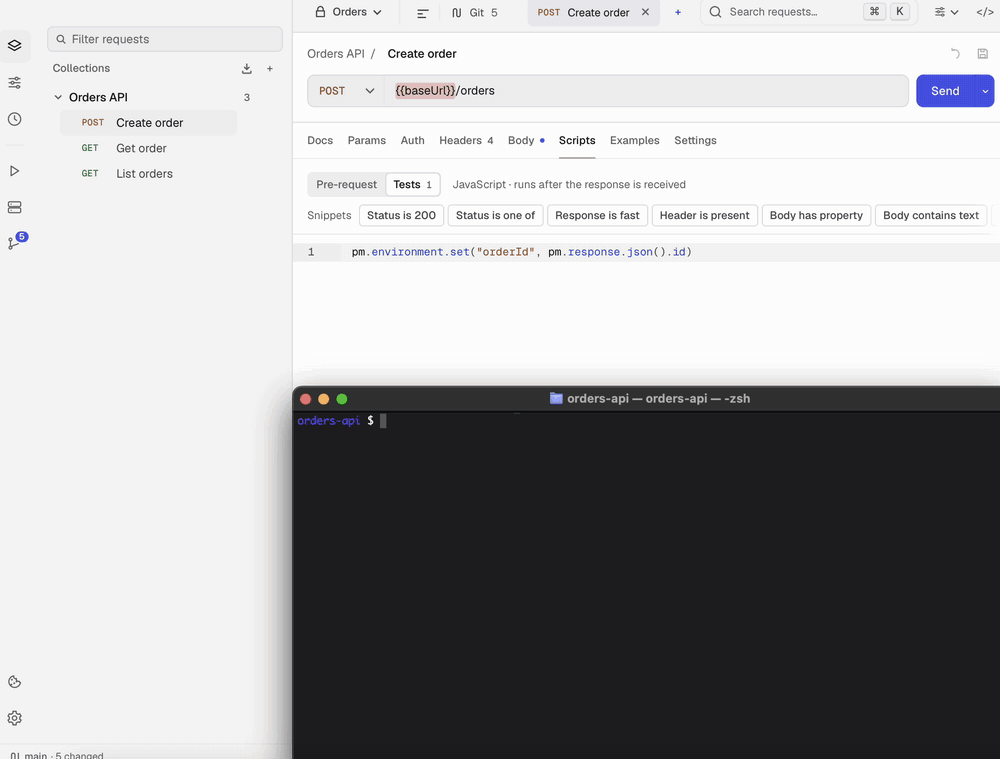Claude Code adds tests to a Kurlo collection over MCP, finds a pricing bug and fixes it, while the tests appear in Kurlo