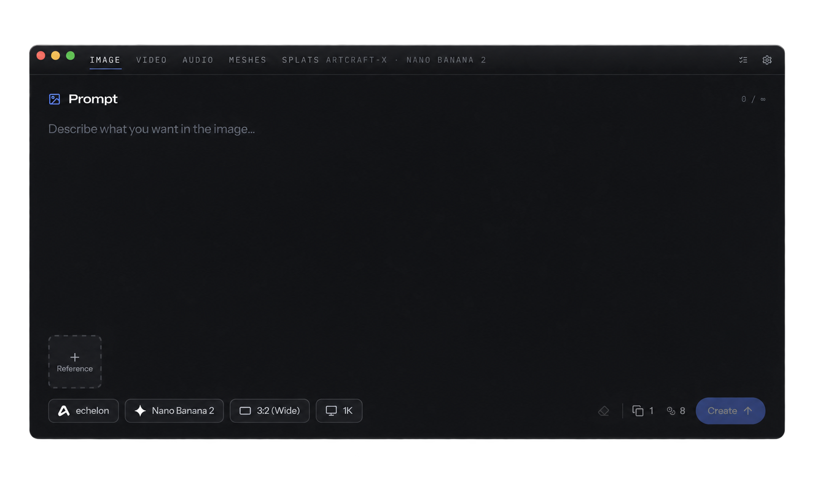 ArtCraft-X's image generation workspace, with model selection, reference images, and a prompt editor.
