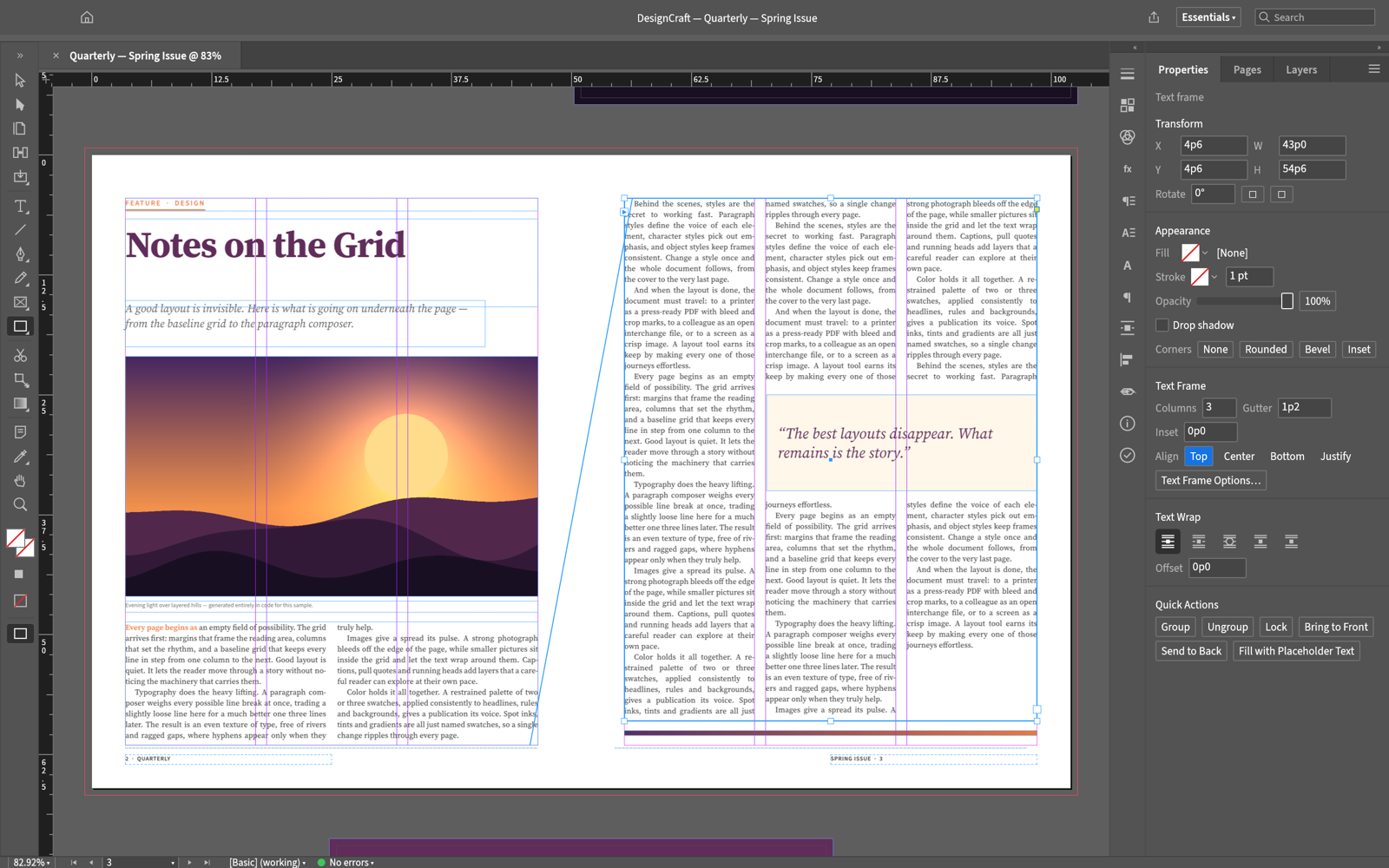 DesignCraft showing a magazine spread: a threaded three-column story is selected with its in/out ports and thread line, the Control panel shows its position in picas and the Properties panel its text frame options