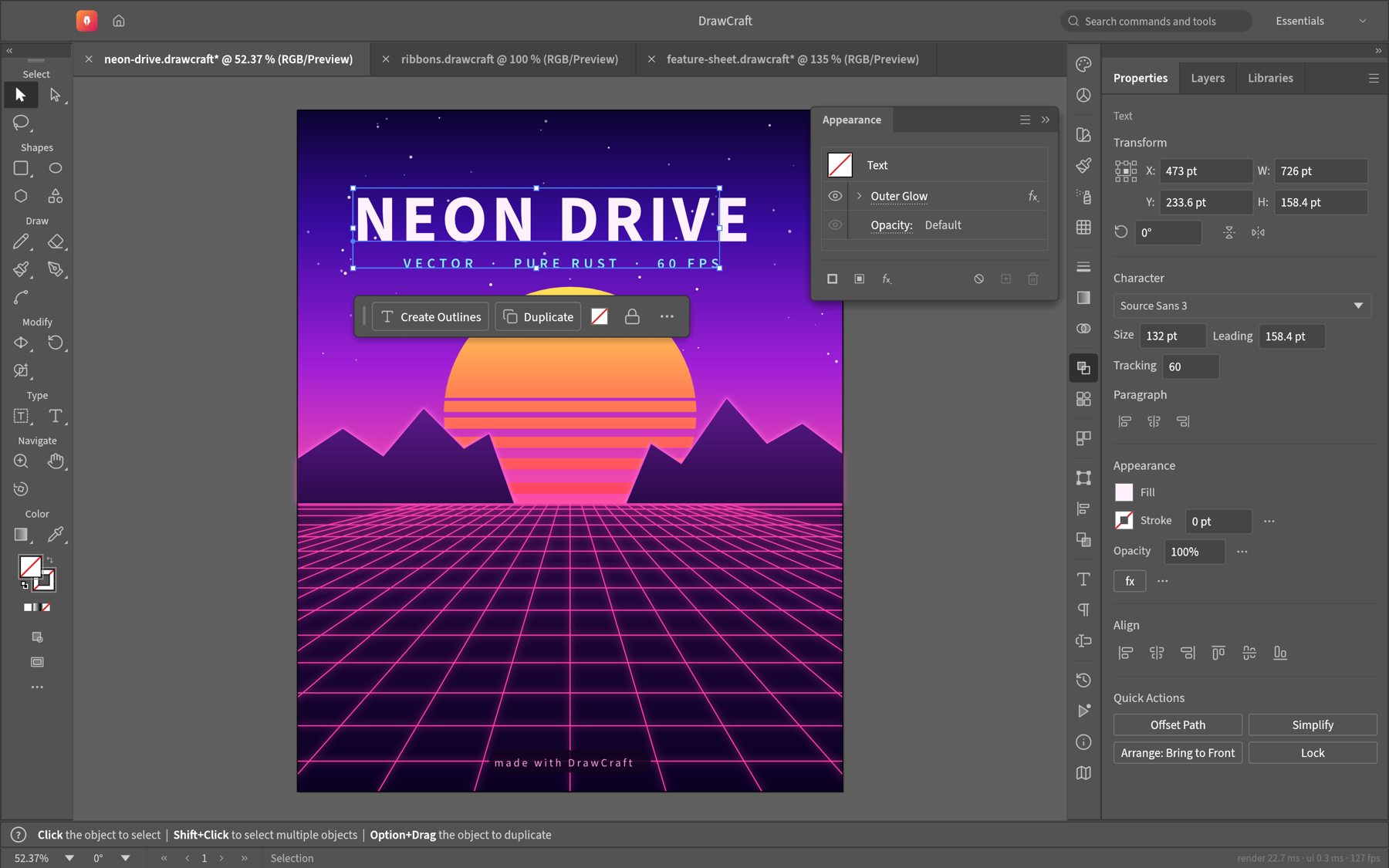 DrawCraft editing the Neon Drive poster: the title is selected, the Appearance panel shows its live Outer Glow, and the Properties panel shows its character settings