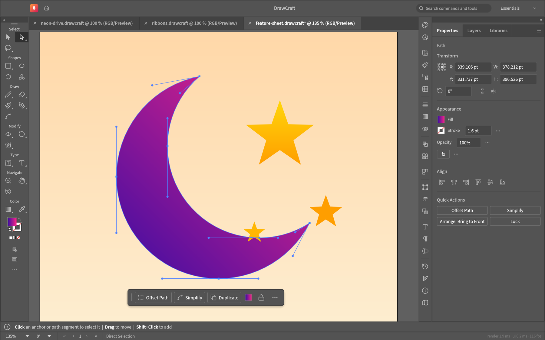 Direct Selection tool showing anchor points and Bézier handles on a crescent built with Pathfinder