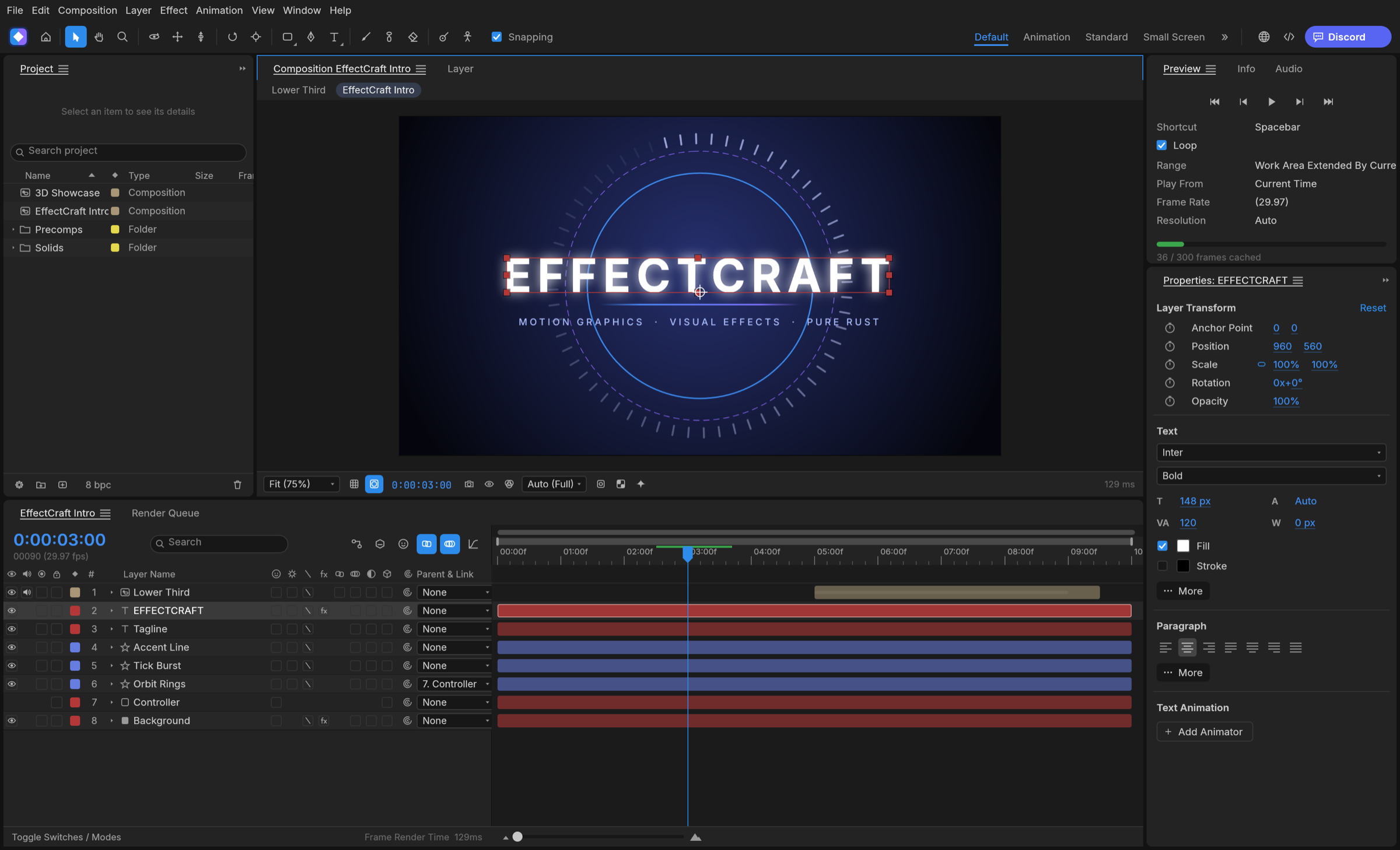 EffectCraft's main window: the animated demo composition in the Composition panel, the Project panel, a Timeline with text, shape and solid layers, and the Properties panel showing the selected text layer's transform, font and paragraph settings