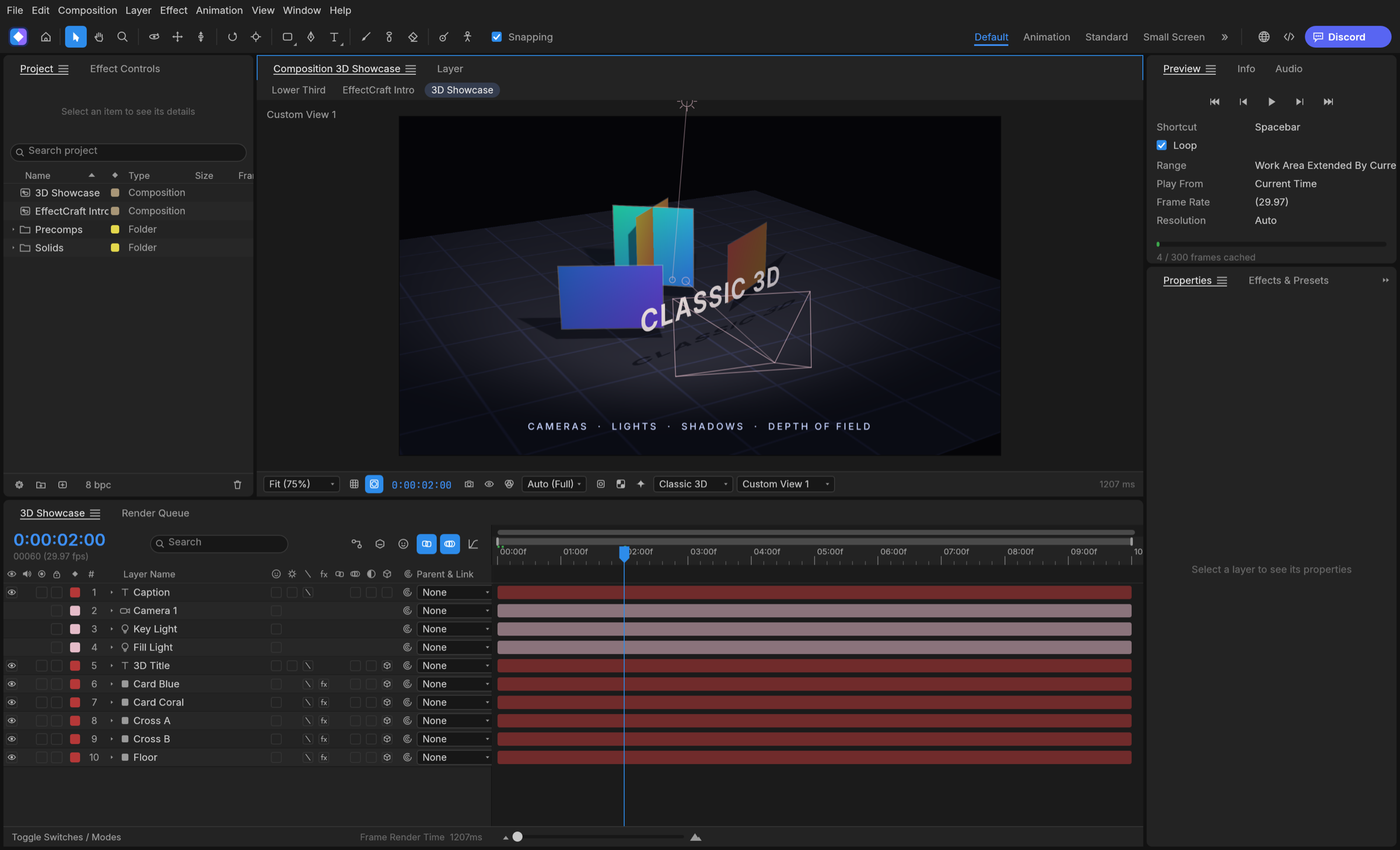 The 3D Showcase demo in Custom View 1: intersecting cards lit by a spot light with soft shadows on a gridded floor, with the camera frustum and light drawn as wireframes