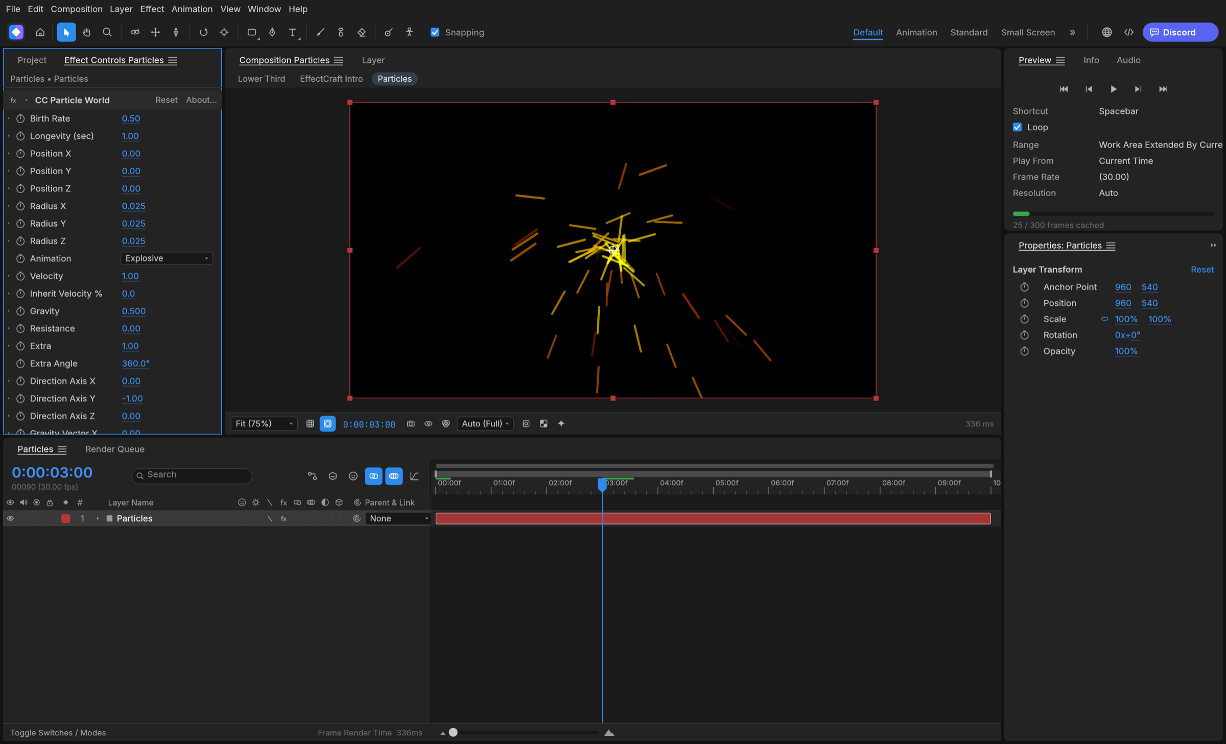A CC Particle World burst with Glow, and the Effect Controls panel listing the particle system's parameters