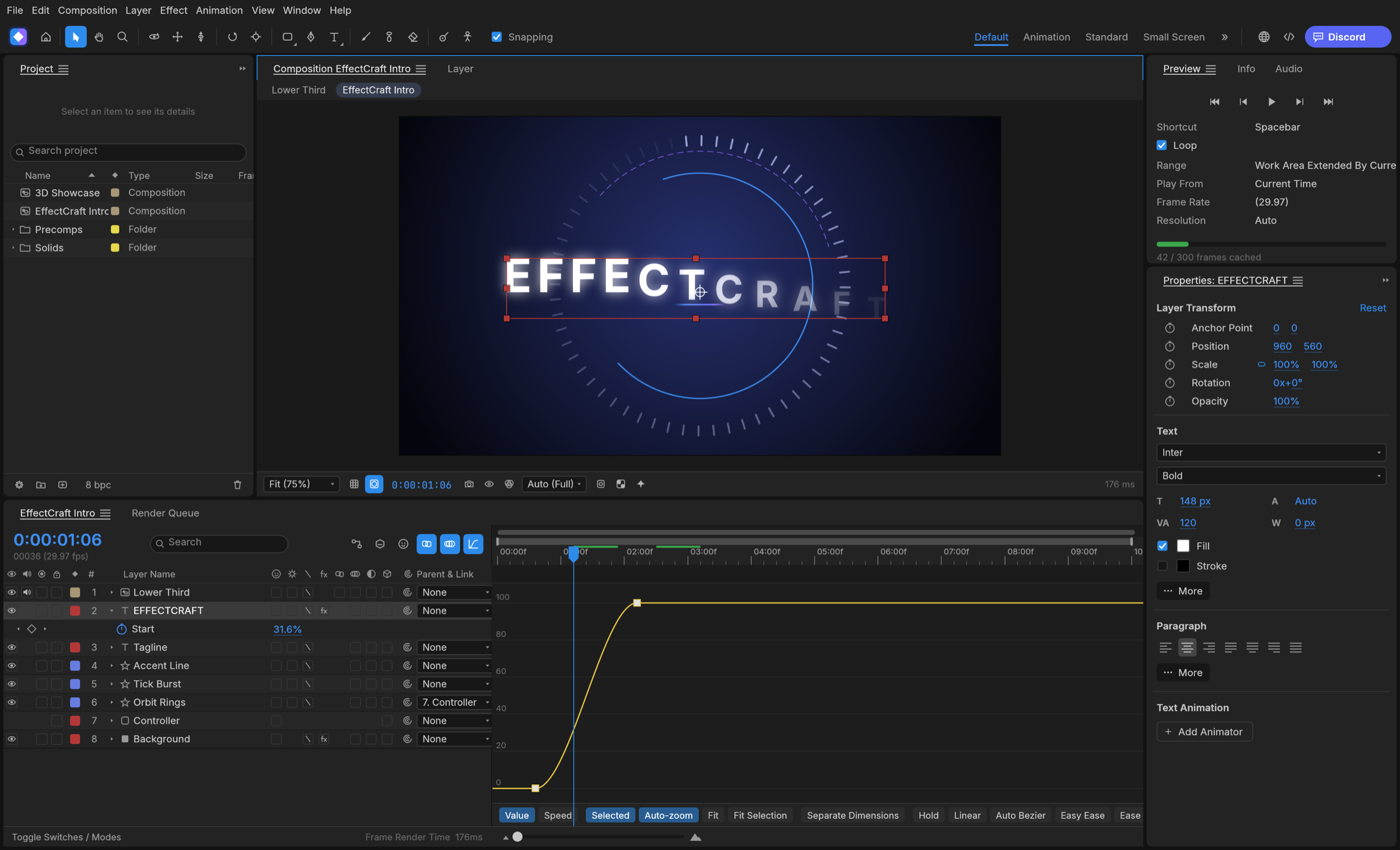 The Graph Editor showing an eased value curve for a text animator's Range Start, with the graph editor's button bar for hold, linear, auto Bezier and Easy Ease