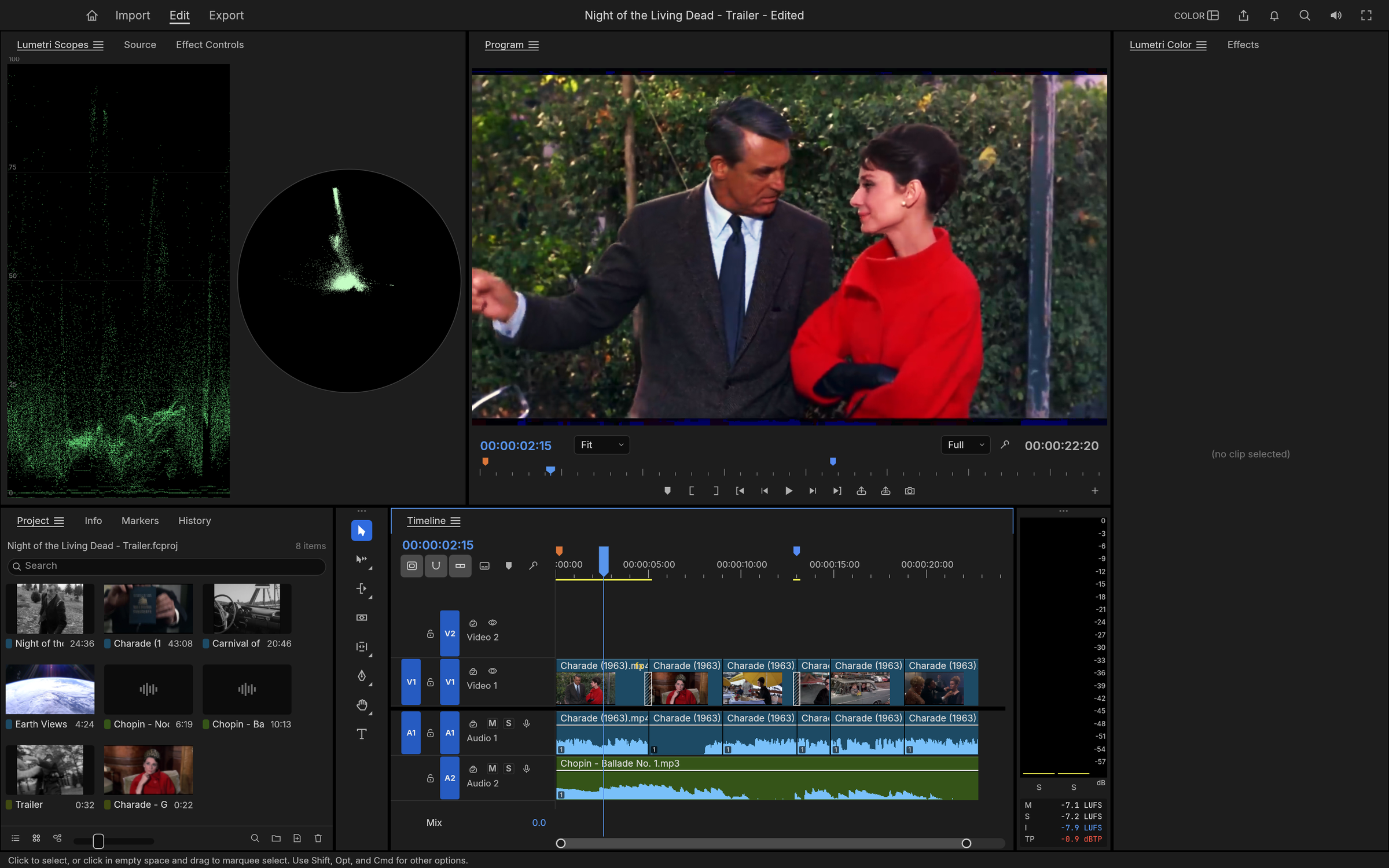 Color workspace on Charade (1963): Cary Grant and Audrey Hepburn in the Program monitor, the waveform and vectorscope on the left, and the trailer bins and timeline below
