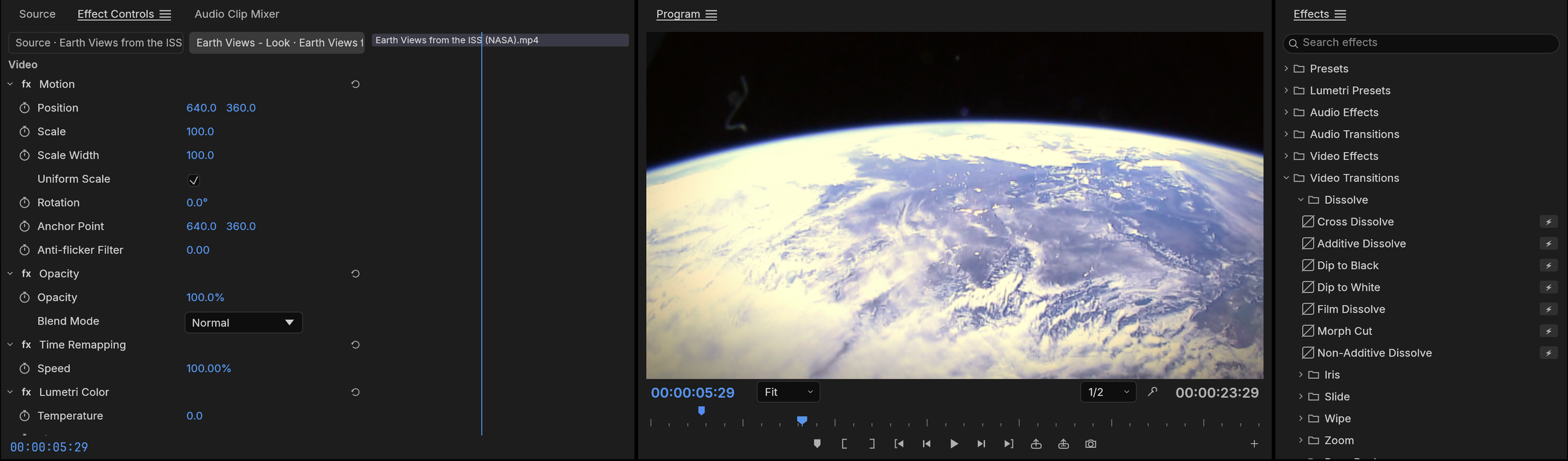 Effects workspace: Effect Controls, NASA Earth Views from the ISS with a Golden Hour look, and the Effects browser