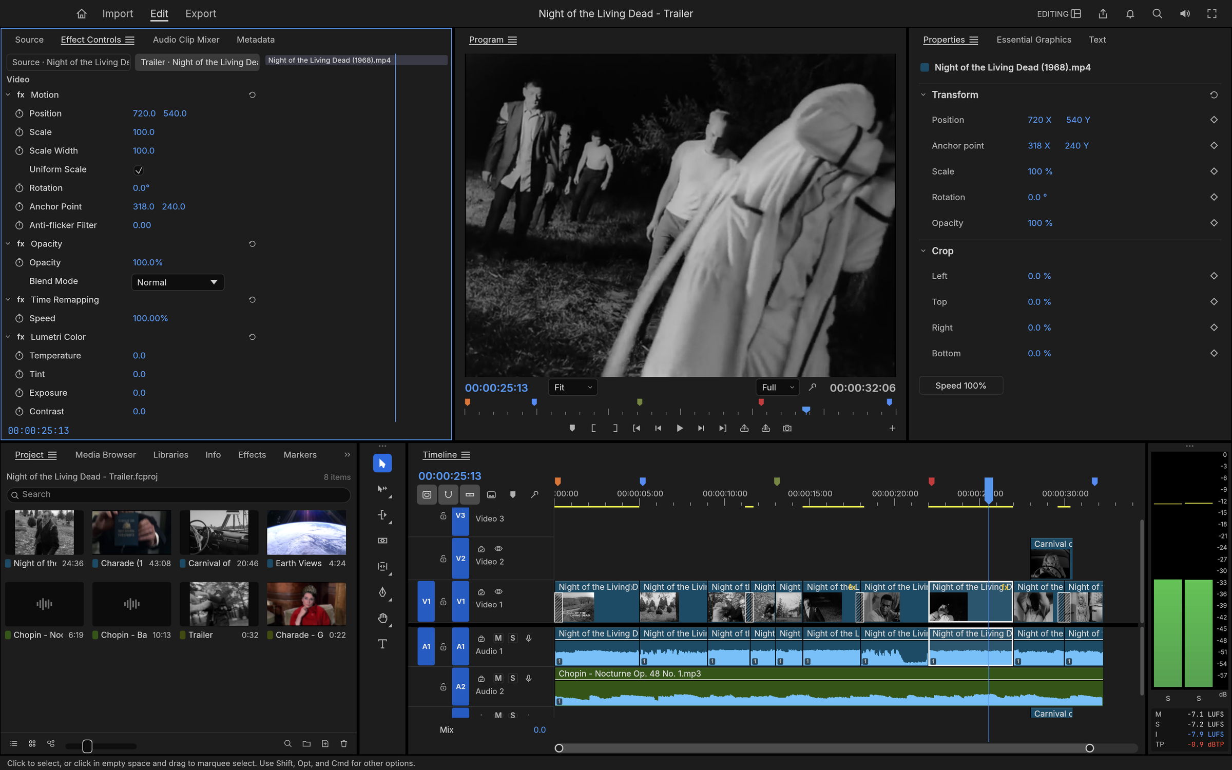 FilmCraft cutting a trailer for Night of the Living Dead (1968): Effect Controls, the Program monitor on the ghouls advancing, the Project bin of public-domain films, and a multi-track timeline with dissolves, markers, a Carnival of Souls insert, a Chopin score and loudness meters