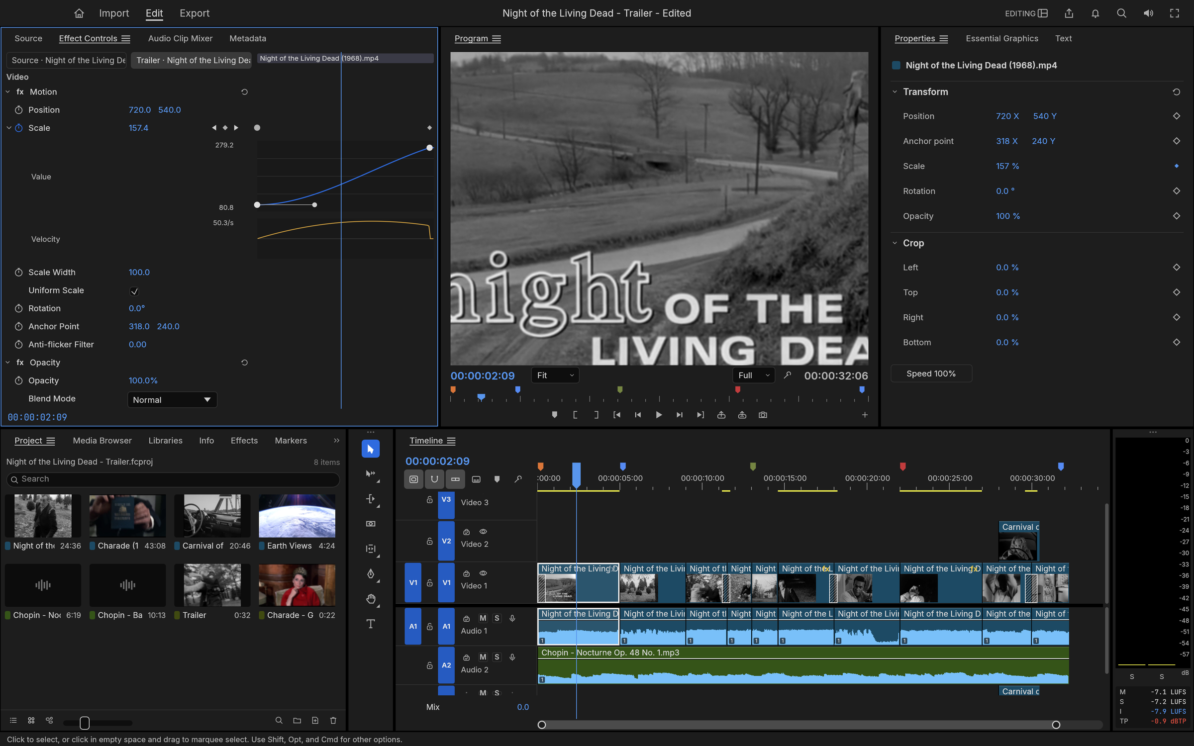 Effect Controls with the value and velocity graphs of an eased Scale push-in on the Night of the Living Dead title