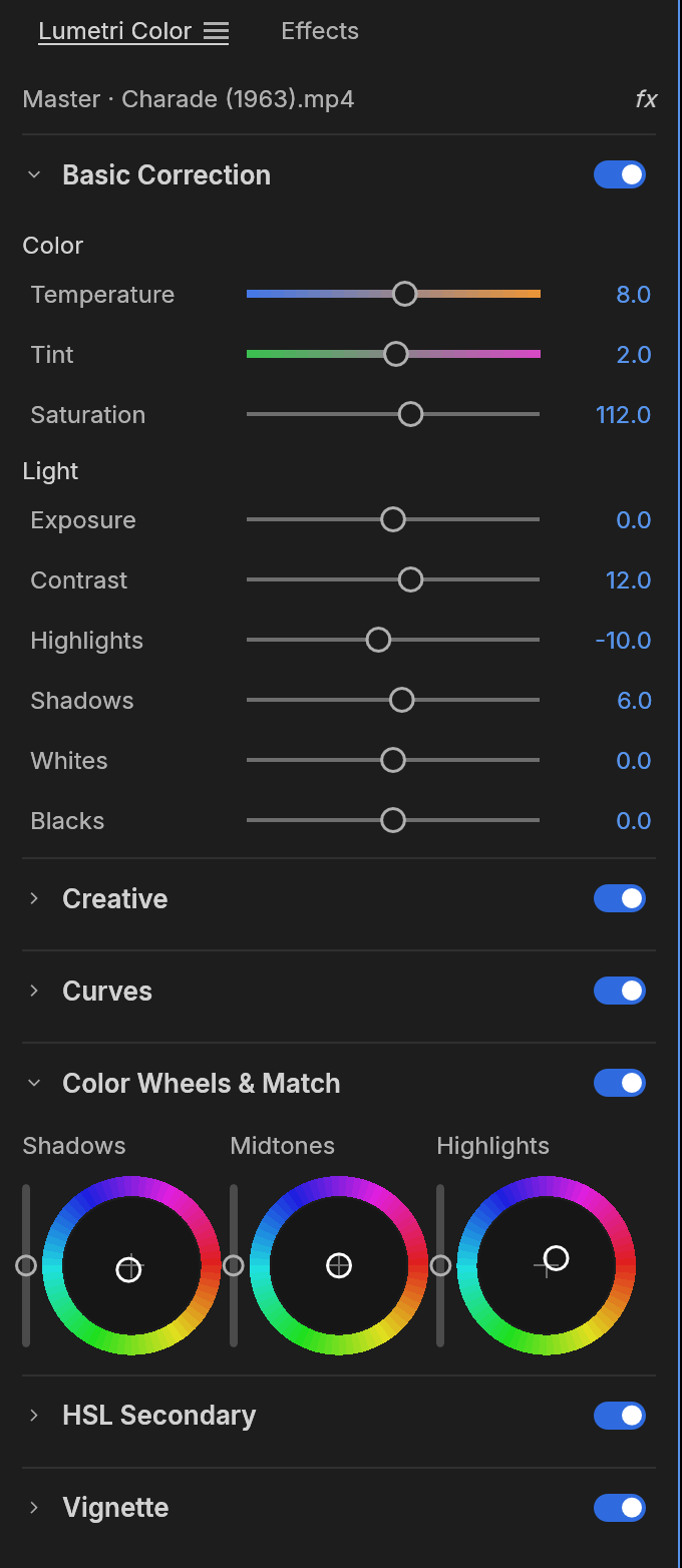The Lumetri Color panel: basic correction sliders with temperature and tint gradients, and three colour wheels
