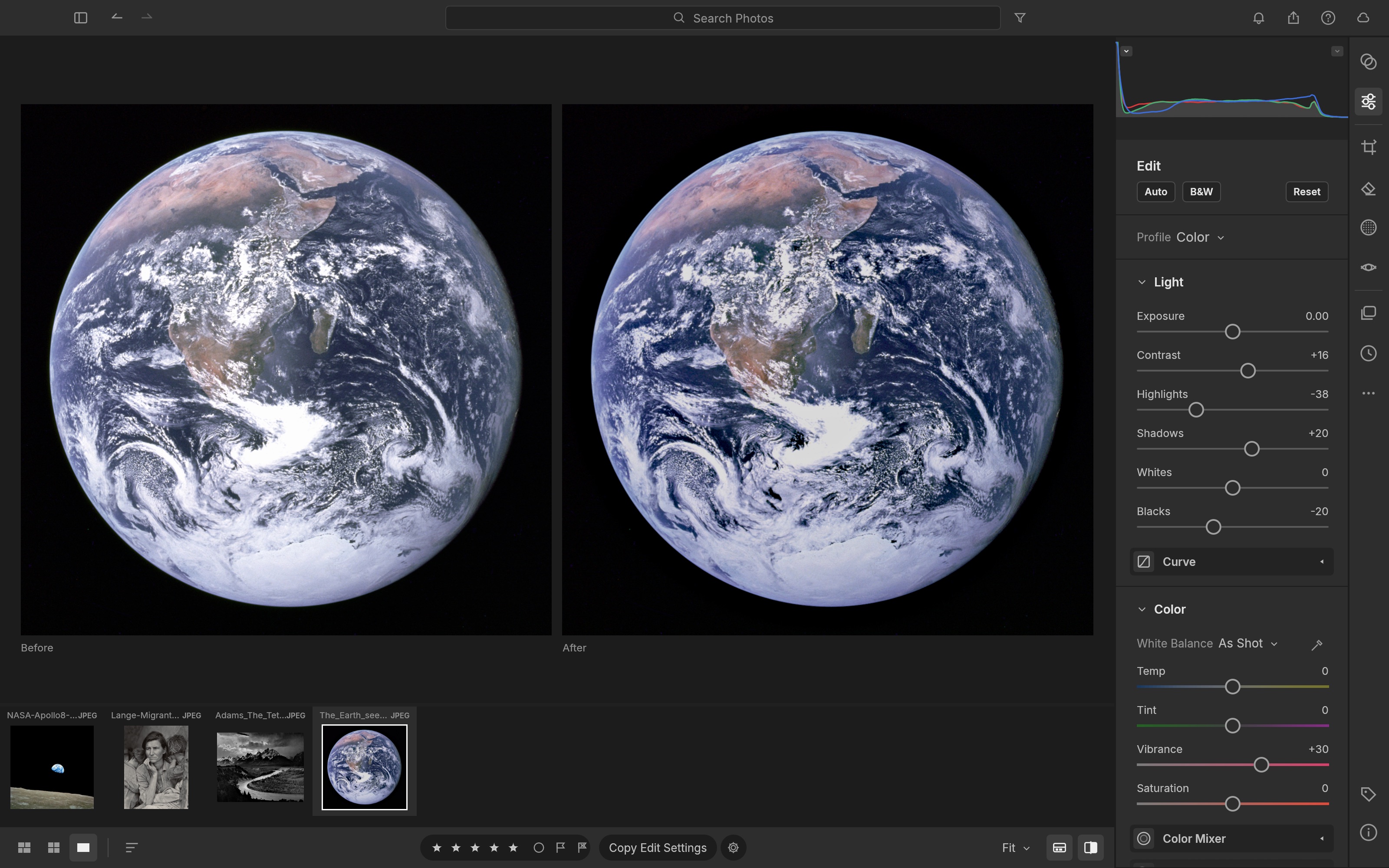 Side-by-side before and after of The Blue Marble: the after has deeper blacks and firmer cloud detail