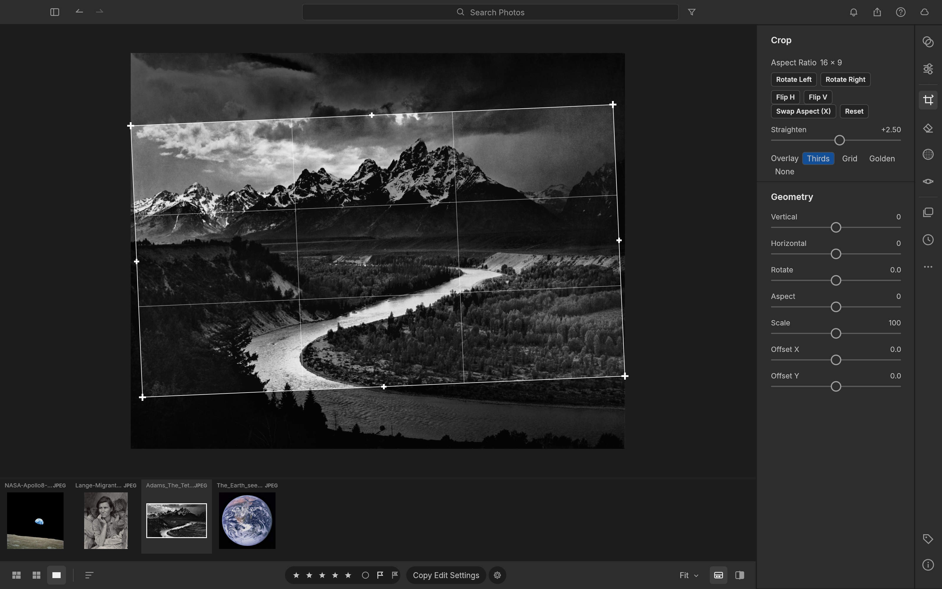 Crop tool on The Tetons and the Snake River: a 16 by 9 crop rotated slightly, with a rule-of-thirds overlay and the Geometry sliders on the right