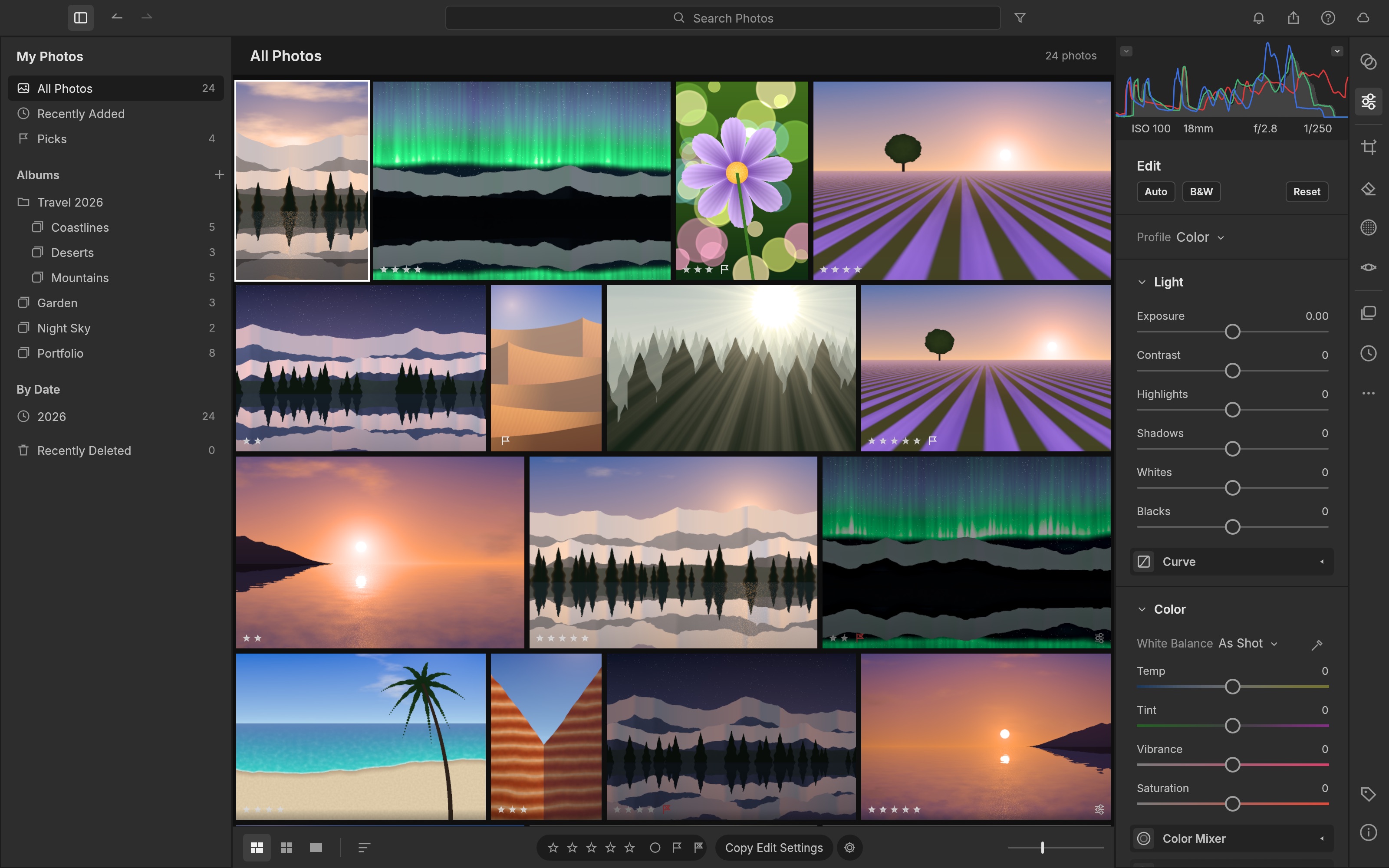 Justified Photo Grid of 24 demo photos with ratings and flags, and a sidebar of nested albums under a Travel 2026 folder