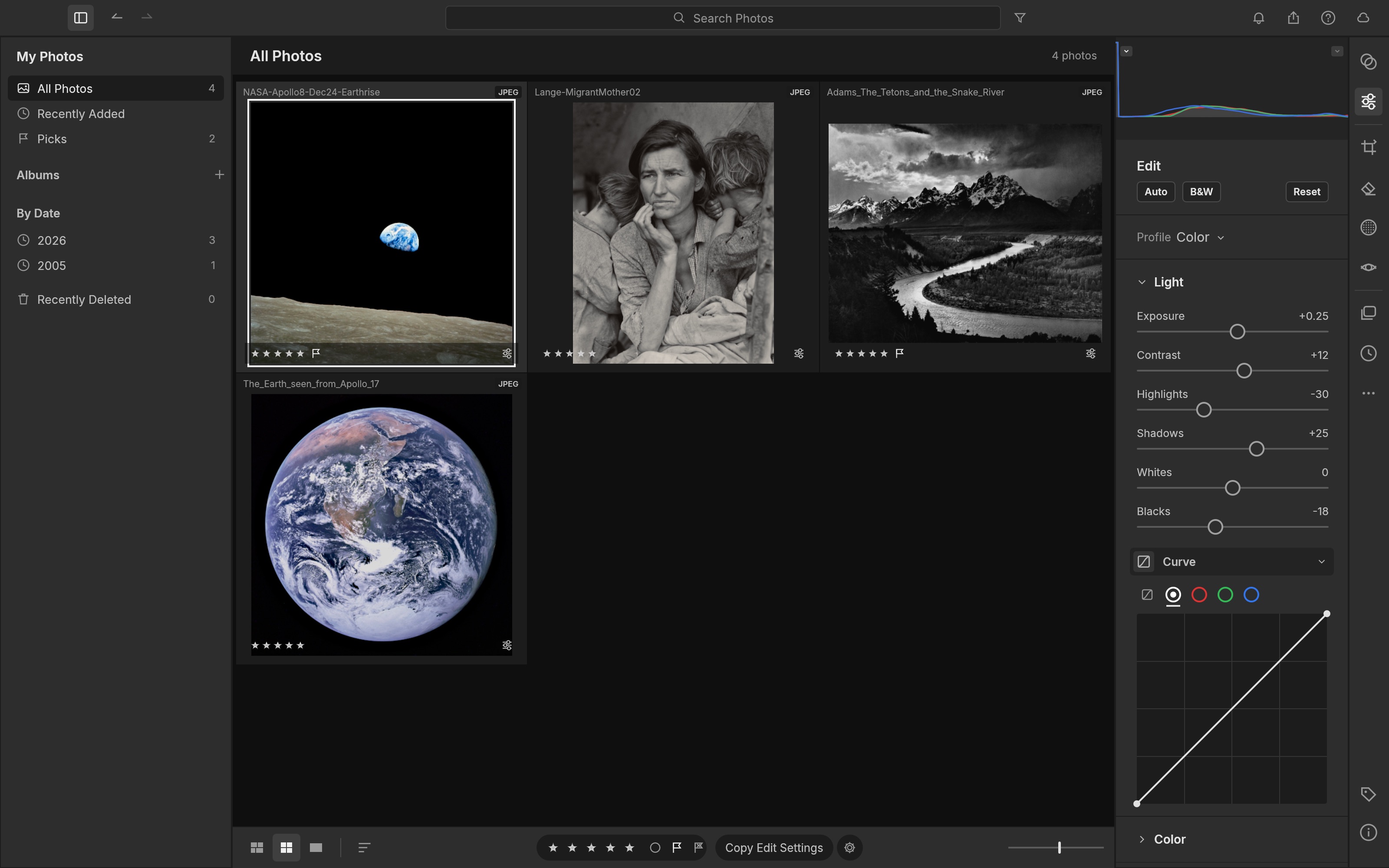 Square Grid showing the four public-domain showcase photos with star ratings and pick flags