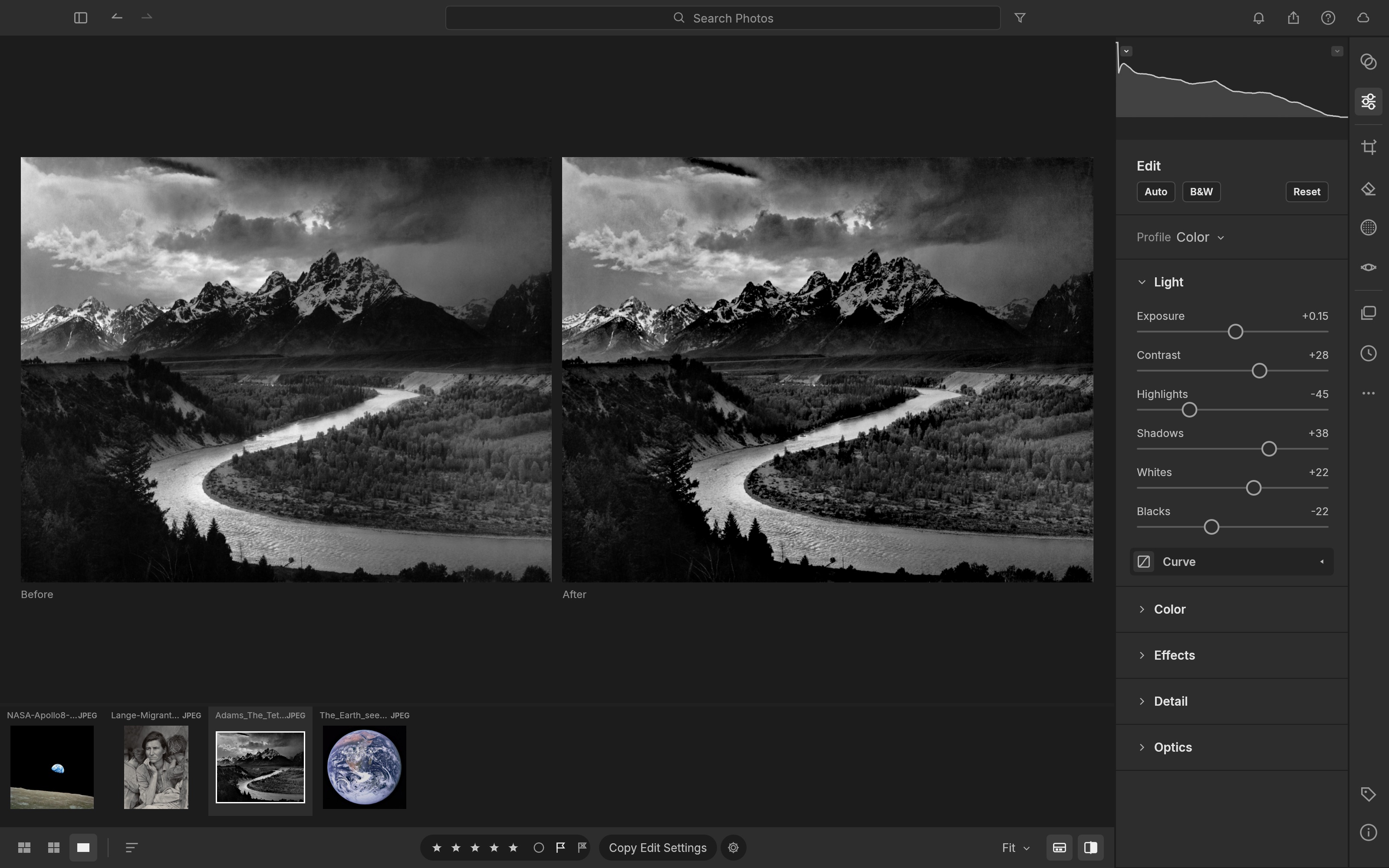 Vorher-Nachher-Ansicht von „The Tetons and the Snake River“: rechts tiefere Wolken und geöffnete Schatten am Fluss