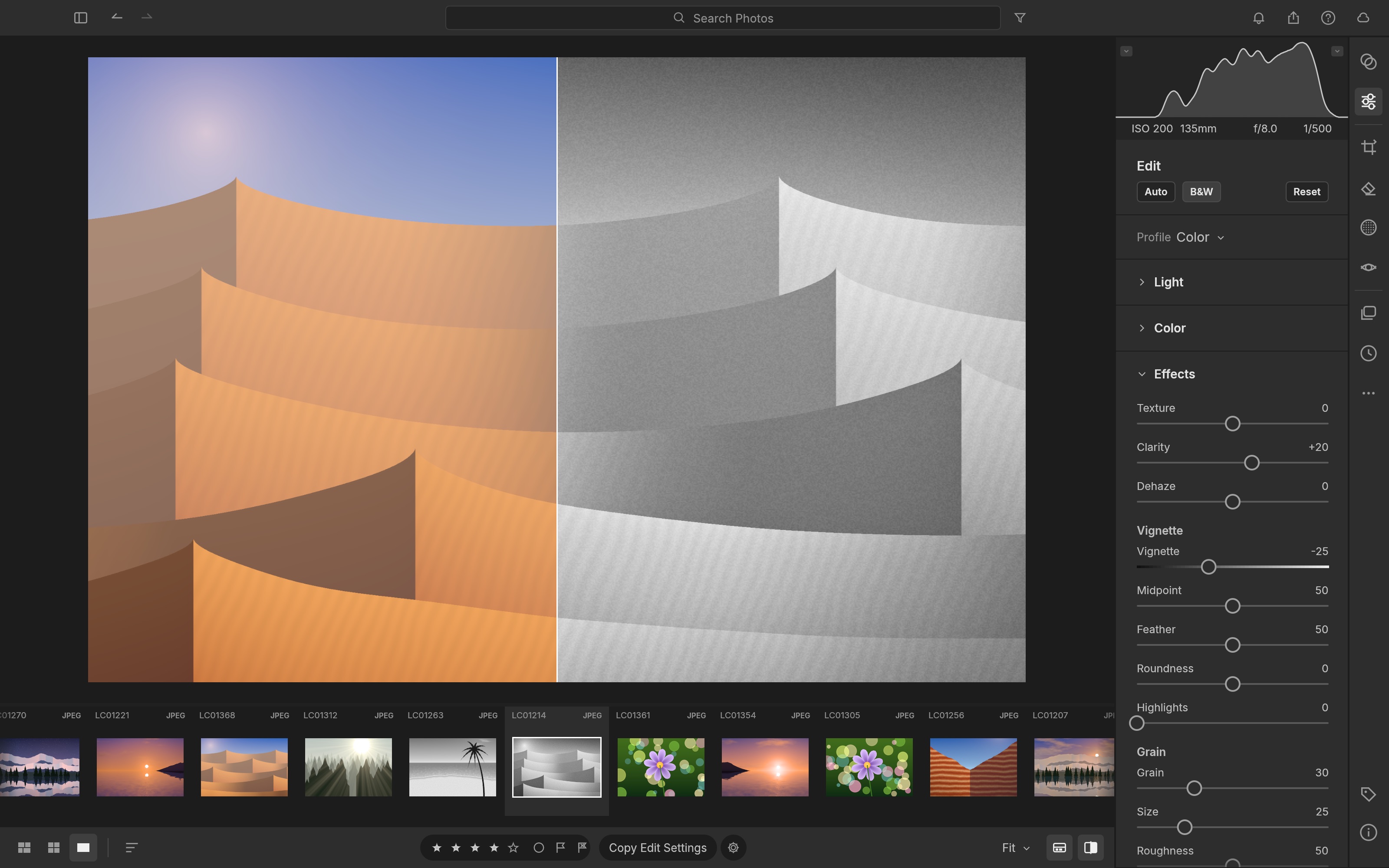 Split before and after view of sand dunes: color on the left, black and white with grain and vignette on the right