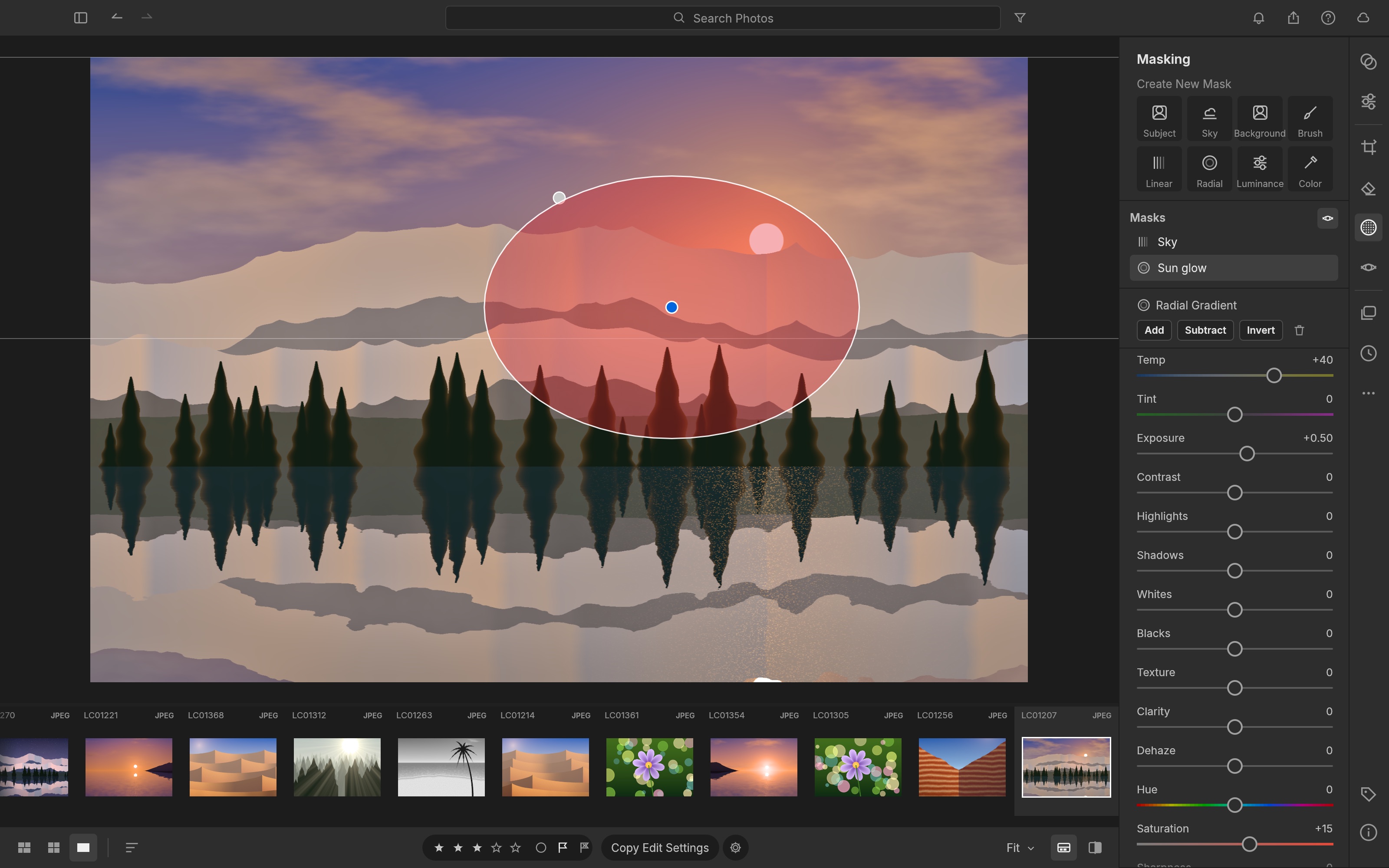 Masking panel with a linear Sky mask and a radial Sun glow mask; the radial gradient is drawn as a red overlay around the sun on a lake scene