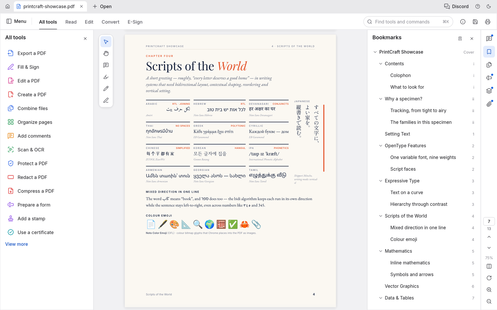 The Bookmarks panel showing the nested outline of the showcase, with page labels such as Cover, i and ii, next to the Scripts of the World page