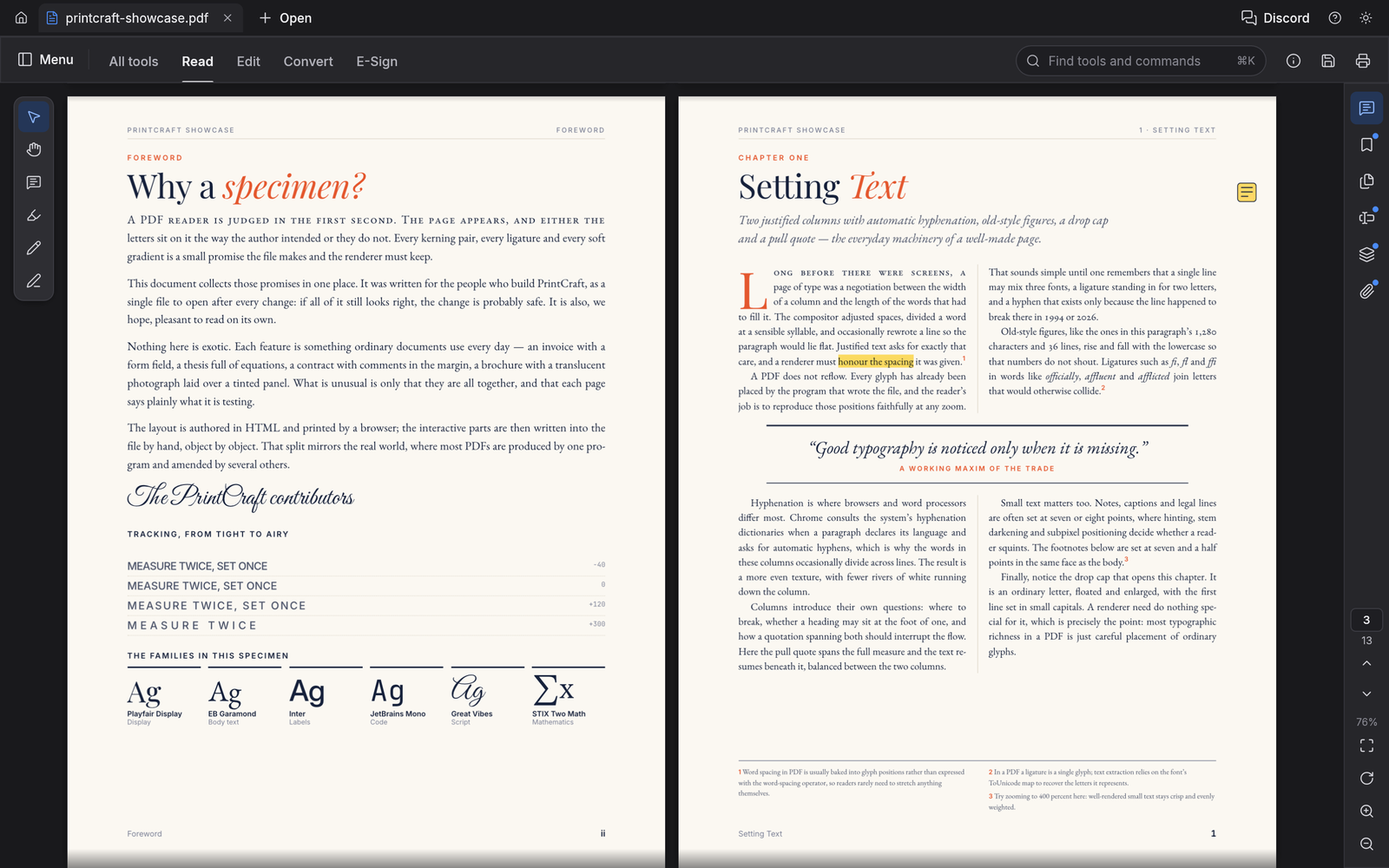 Two facing pages in Read mode with the dark theme: the Foreword and the Setting Text chapter with its drop cap and pull quote