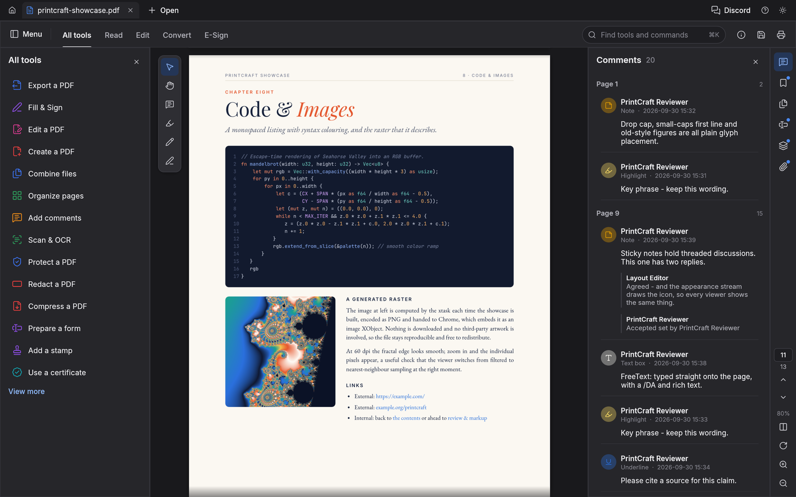 The dark theme showing the Code and Images chapter, a syntax-coloured listing and a fractal image, with the comments panel open